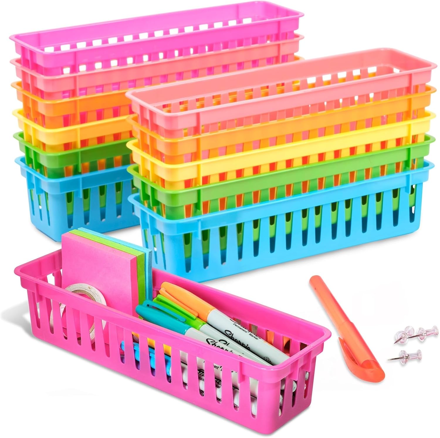 12 Pack Stationery Storage Baskets, Plastic Pen Holders in 6 Colours, 25 x 7 x 6 cm