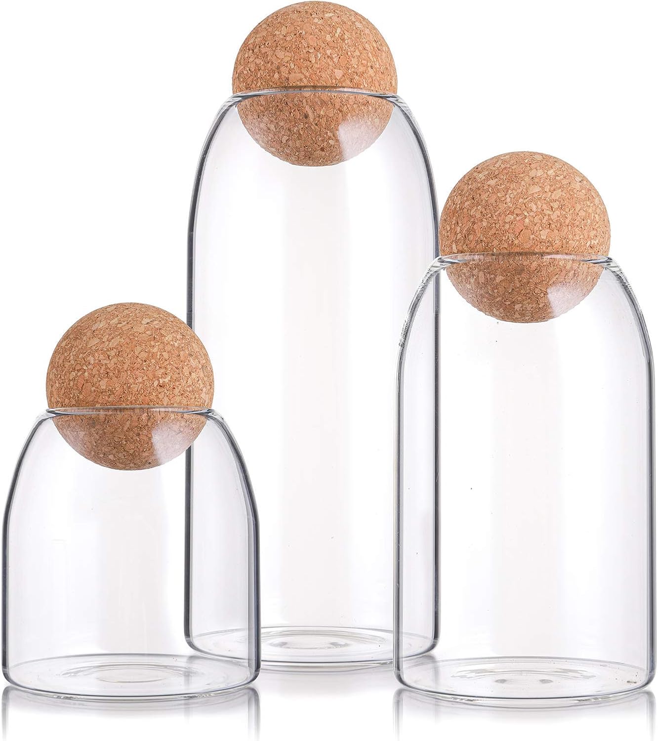 Suwimut 3 Pack Glass Storage Jar with Ball Cork Lid, Clear Glass Canisters with Cork Ball, Cute Decorative Round Glass Bottles with Airtight Wooden Lid for Spice, Sugar, Salt, Tea, Nuts, Coffee Beans