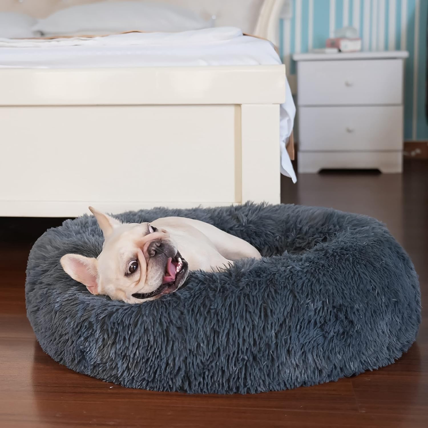 nononfish Puppy Bed for Small Dogs Washable Donut Calming Pet Beds with Anti-Anxiety Fits up to 15 lbs Pets,23 Inches Dark Gray