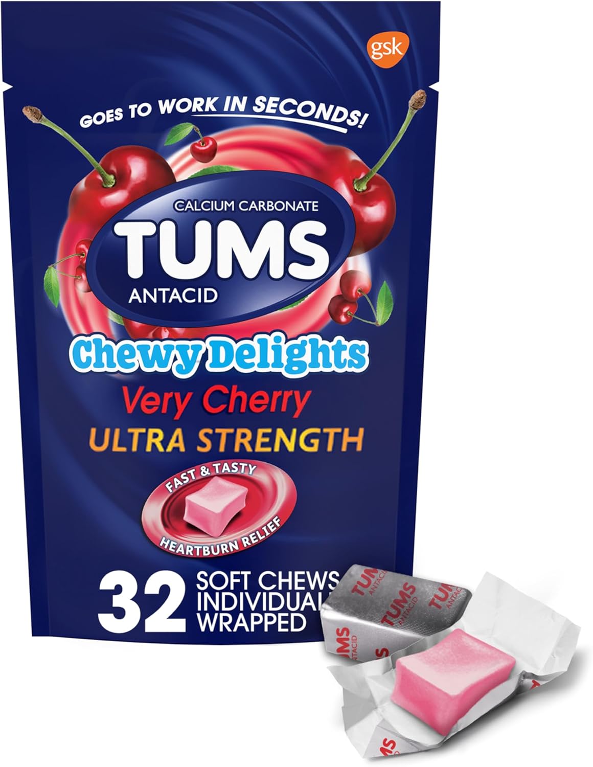 TUMS Chewy Delights Ultra Strength Antacid Soft Chews for Chewable Heartburn Relief and Acid Indigestion Relief, Very Cherry - 32 Count