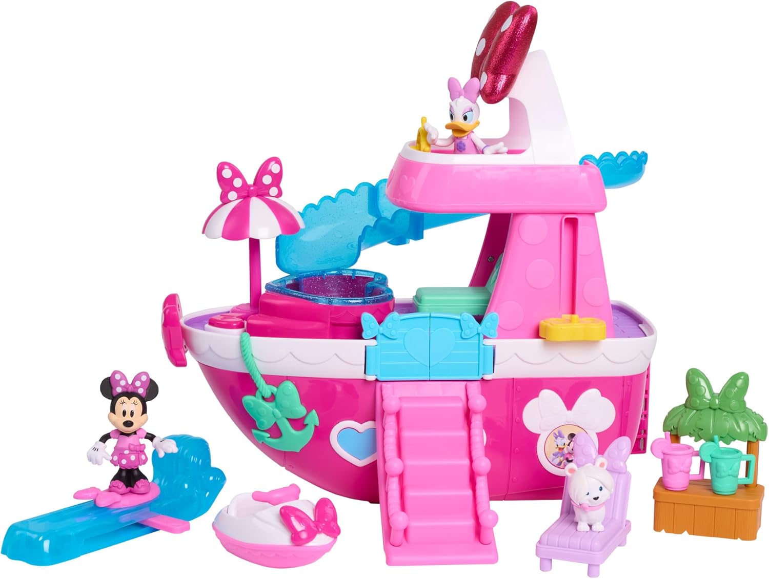 Disney Junior Minnie Mouse Bowdazzling Yacht, Lights and Sounds, 16-piece Playset with Figures, Pink, Boat, Bonus Pieces, Kids Toys for Ages 3 Up by Just Play