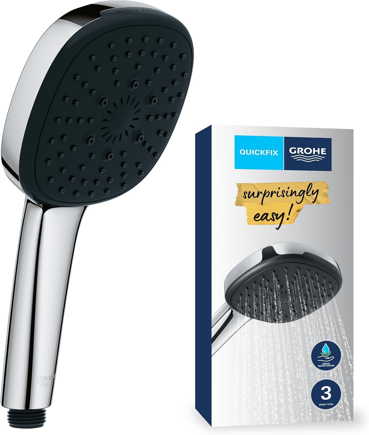 GROHE Vitalio Comfort 110 - Hand Shower (Square 11 cm Shower Head, 3 Sprays: Rain, Jet and Massage, Anti-Limescale System, Silicone Ring Protection, Universal Mounting System), e, 26092001