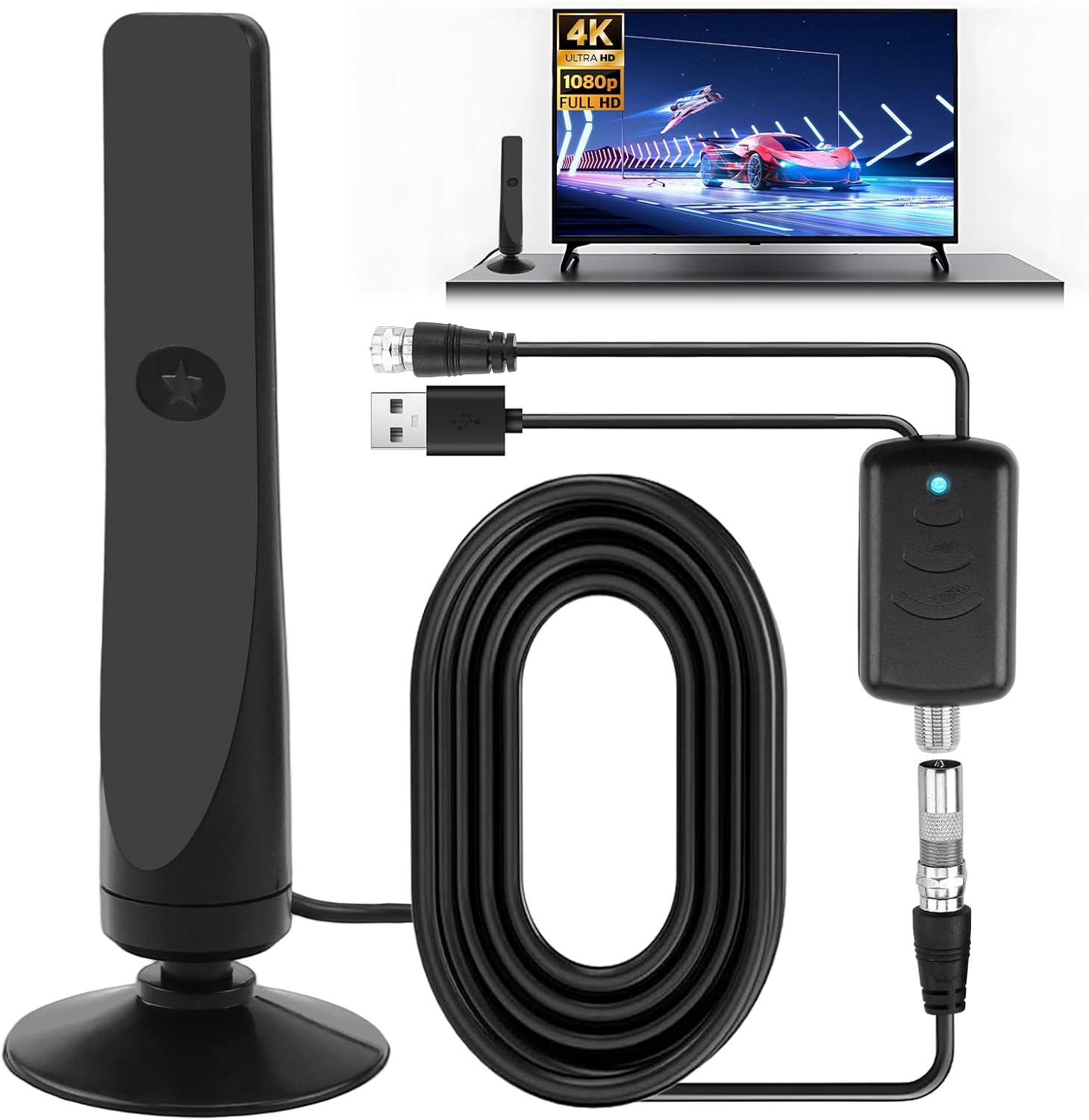 2025 Upgraded Indoor TV Aerial 1080P 4K HD Digital Antenna with Signal Booster for Smart TV High Gain Indoor Outdoor Aerial with Strong Signal UK for 280 Miles Wavemax Antenna 9.8ft Cable 4G 360°