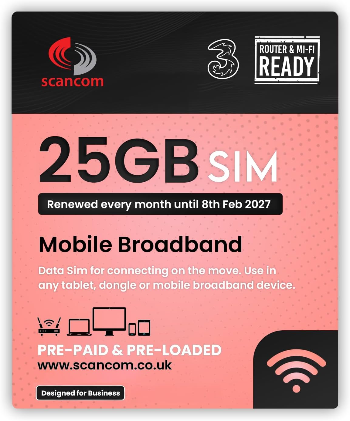 Three 25GB Data SIM – Uncapped 5G Speeds – Preloaded EVERY MONTH Until 8th FEBRUARY 2027 – No Contract – Plug & Play for Business Broadband, Routers & Phones
