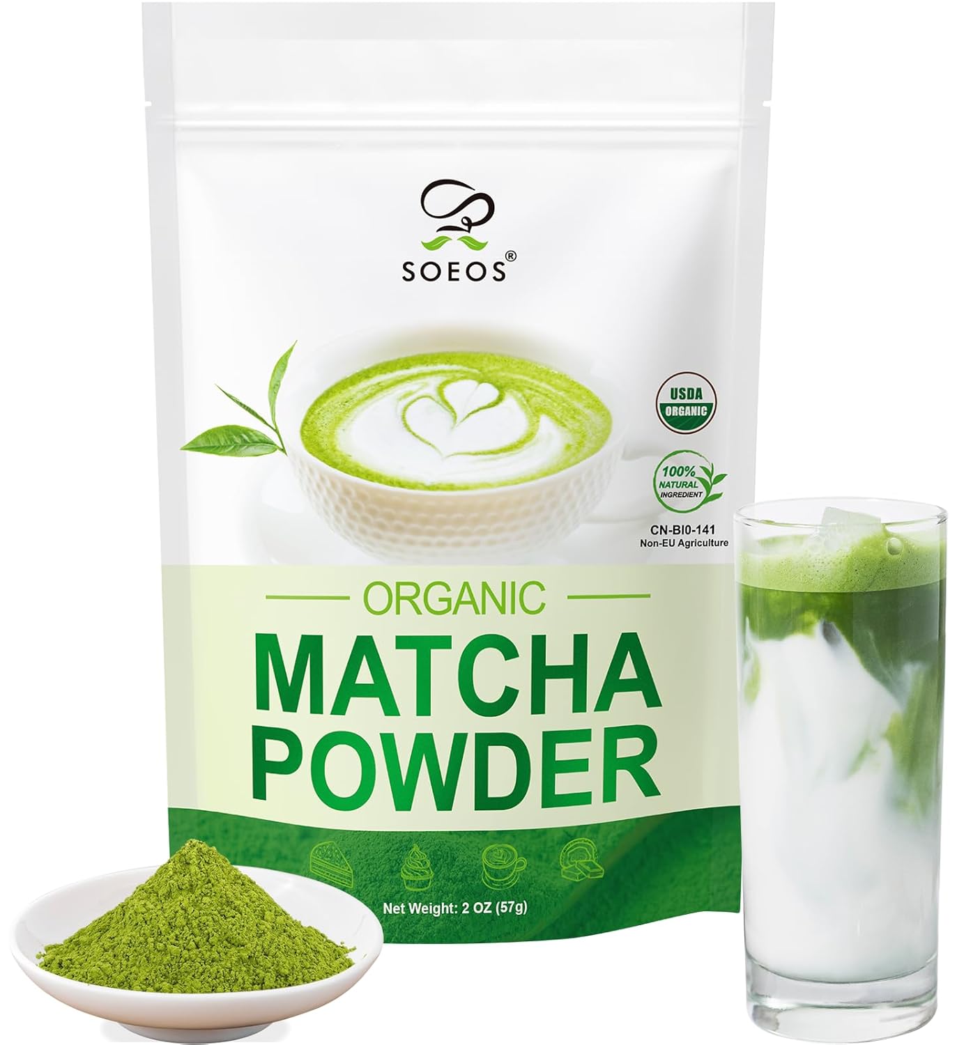 Soeos Organic Matcha Powder, Matcha Green Tea Powder, 2 oz (57g), Antioxidant-Rich Japanese Matcha for Lattes, Smoothies and Baking, Recyclable Bags