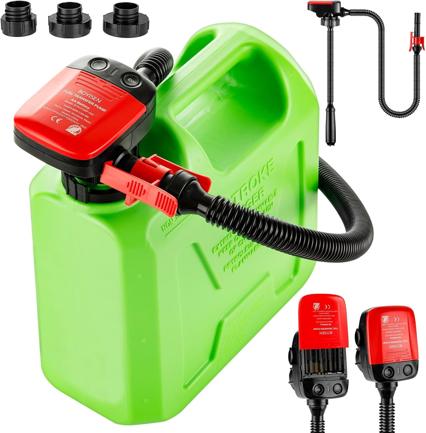 BOYISEN Automatic Fuel Transfer Pump with Auto-Stop, AA Gas Can Pump Battery Operated with Extra Long Hose Fits Most Size Gas Cans, Gasoline, Diesel, Oil 