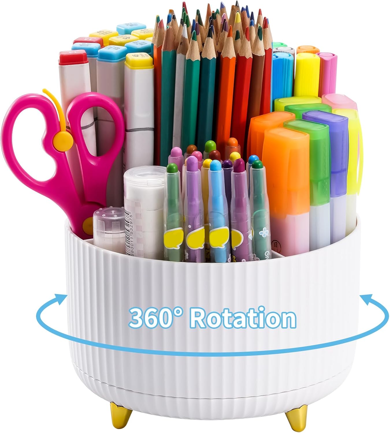 Marbrasse Desk Organiser,360-Degree Rotating Pen Holder for Accessories with 5 Compartments Pencil Organiser, Pen Storage Box Caddy for Office,Home (White)