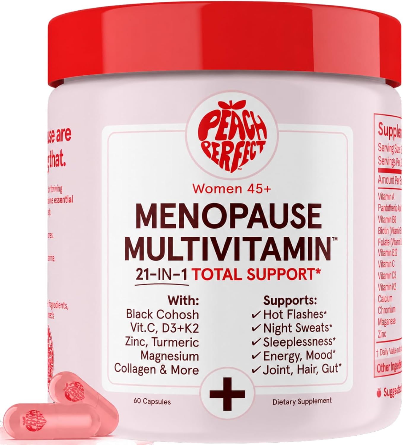 Peach Perfect Menopause Multivitamin | 21 Vitamins for Women 45+ | Black Cohosh, Ashwagandha, Vitamin D3+K2, Probiotics & Collagen | Support for Hot Flashes, Mood Swings, Joint & Skin Health | 30 SVG
