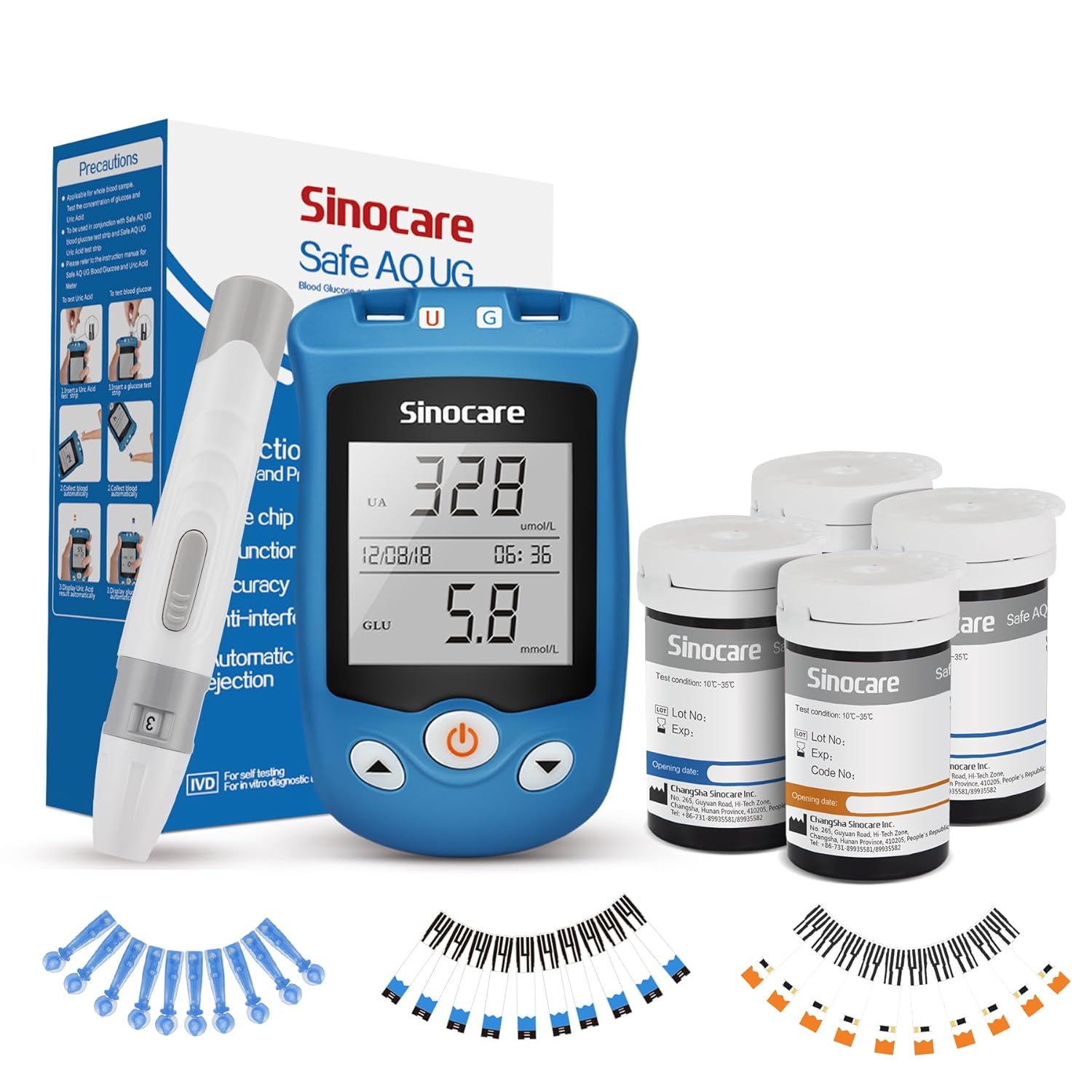 sinocare Uric Acid & Blood Sugar Monitor, 2 in 1 Meter, Uric Acid Testing & Blood Glucose Test Kit, 50pcs Uric Acid Test Strips + 50pcs Blood Suar Test Strips & 100pcs Lans., for Home Use UK