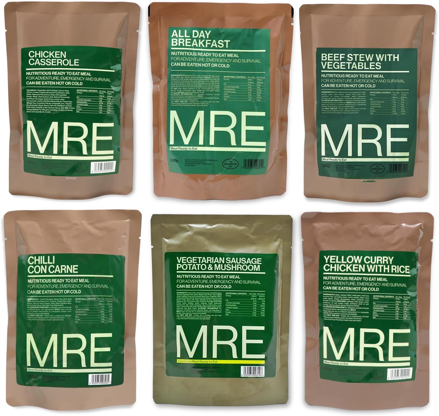 Ration-X Pack of 6 Ready To Eat Camping Food Pouched Meals No Refrigeration Needed Eat Hot or Cold