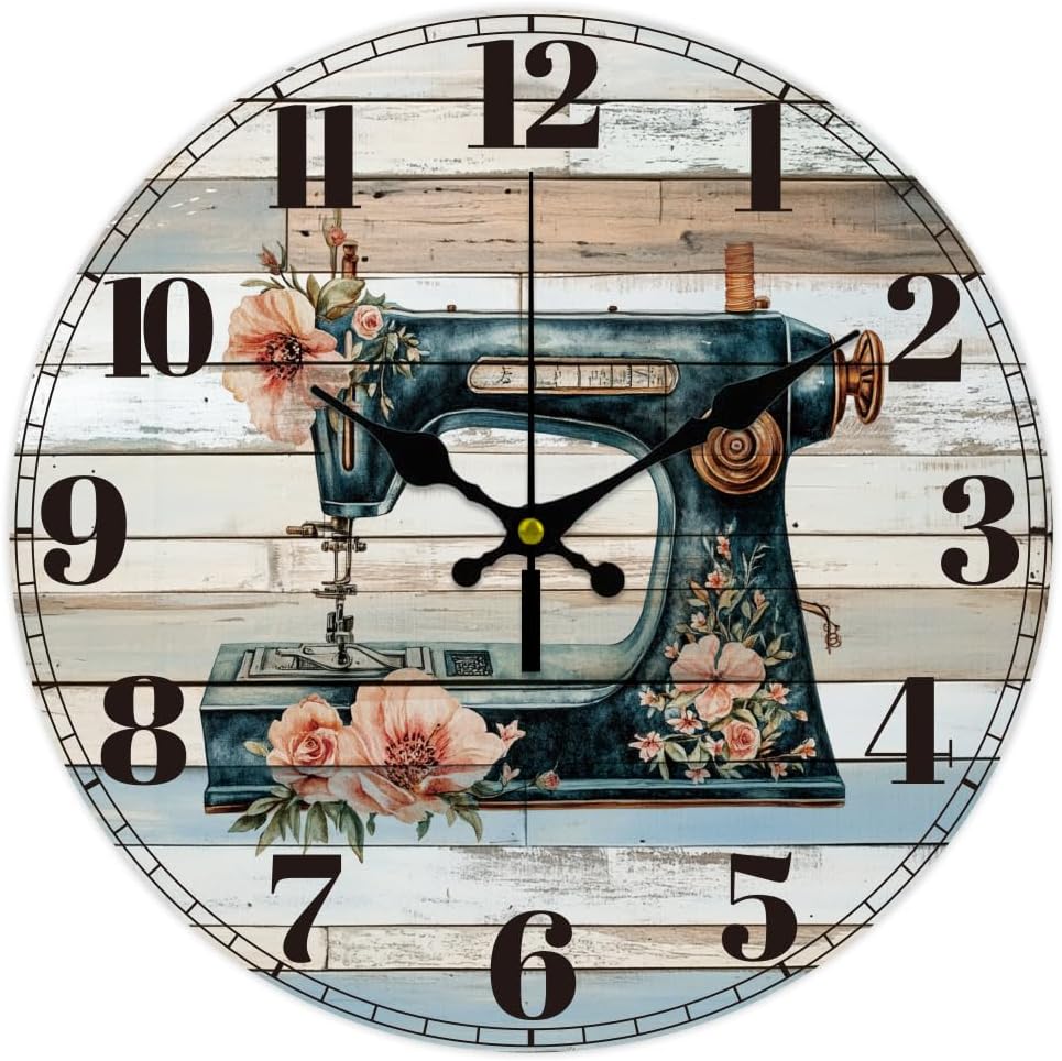 CHGCRAFT 12inch Sewing Machine Wall Clock Retro Style Battery Operated Silent Non Ticking Flowers Round Decorative Clock for Office Home Kitchen Decor