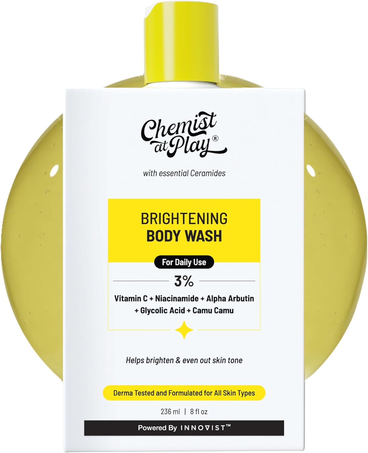 Chemist at Play Brightening Body Wash | Glowing Skin Vitamin C Bodywash | Helps to Reduce Fades Dark Spots, Evens out Skin Tone | Alpha Arbutin | 30X Vitamin C with Camu Camu | For Women & Men | 236ml