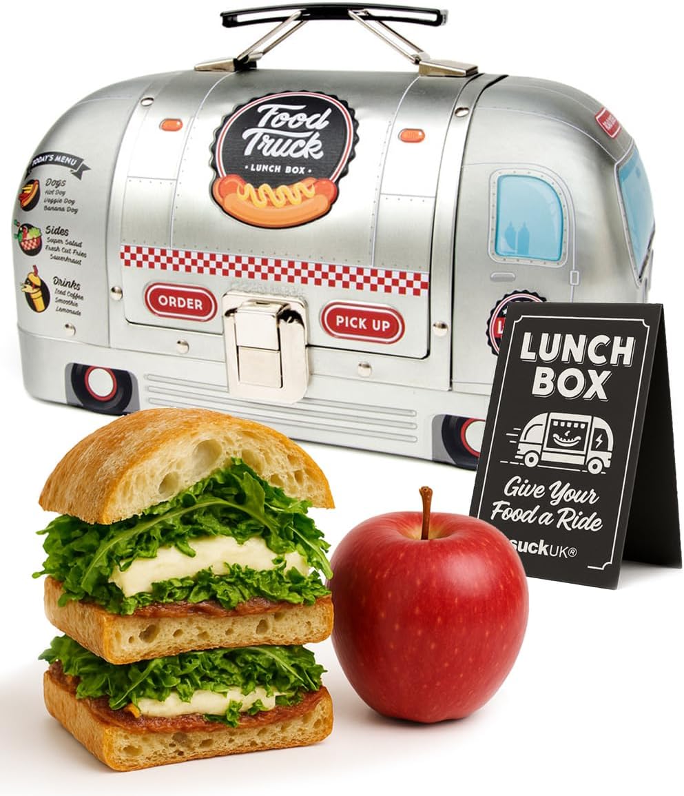 Suck UK Food Truck Lunch Box | Vintage Tin Case - Retro Airstream Camper Design with Handle, Opening Hatch & Large Space | Fun & Food Safe Leak Free | Novelty Unique Gift for Kids, Teens & Adults
