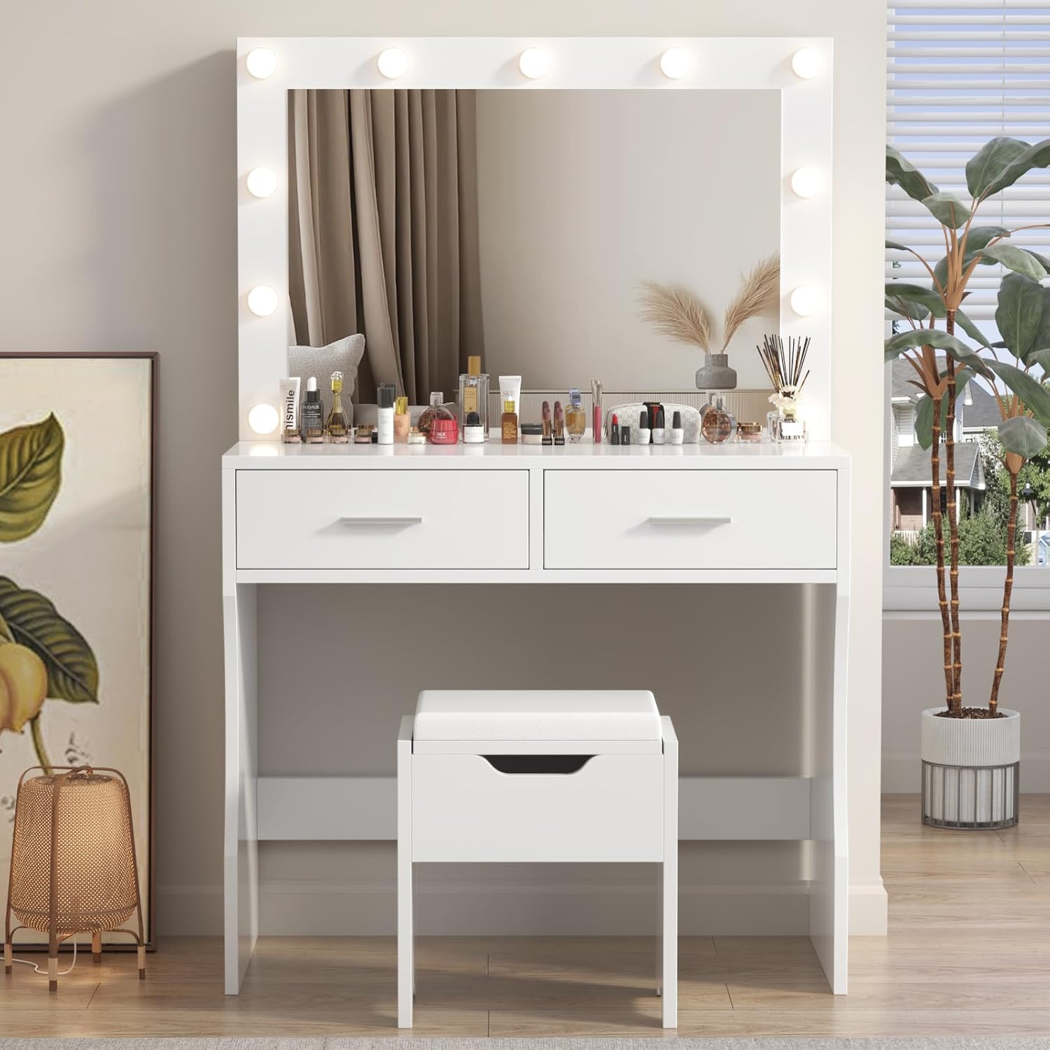 TRIUMPHKEY Dressing Table with Large Mirror and Stool, Vanity Table with Adjustable Brightnes, 3 Color LED Lights, 2 Large Drawers, White Bedroom Dresser Cosmetic Table
