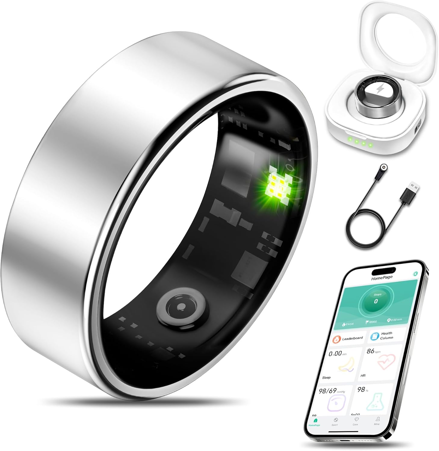 Smart Health Ring for Women Men Fitness Tracker with Heart Rate, Blood Oxygen, Blood Pressure, Sleep Monitoring, Step Counting, IP68 Waterproof for iPhone and Android, No Subscription Fee, Silver 9