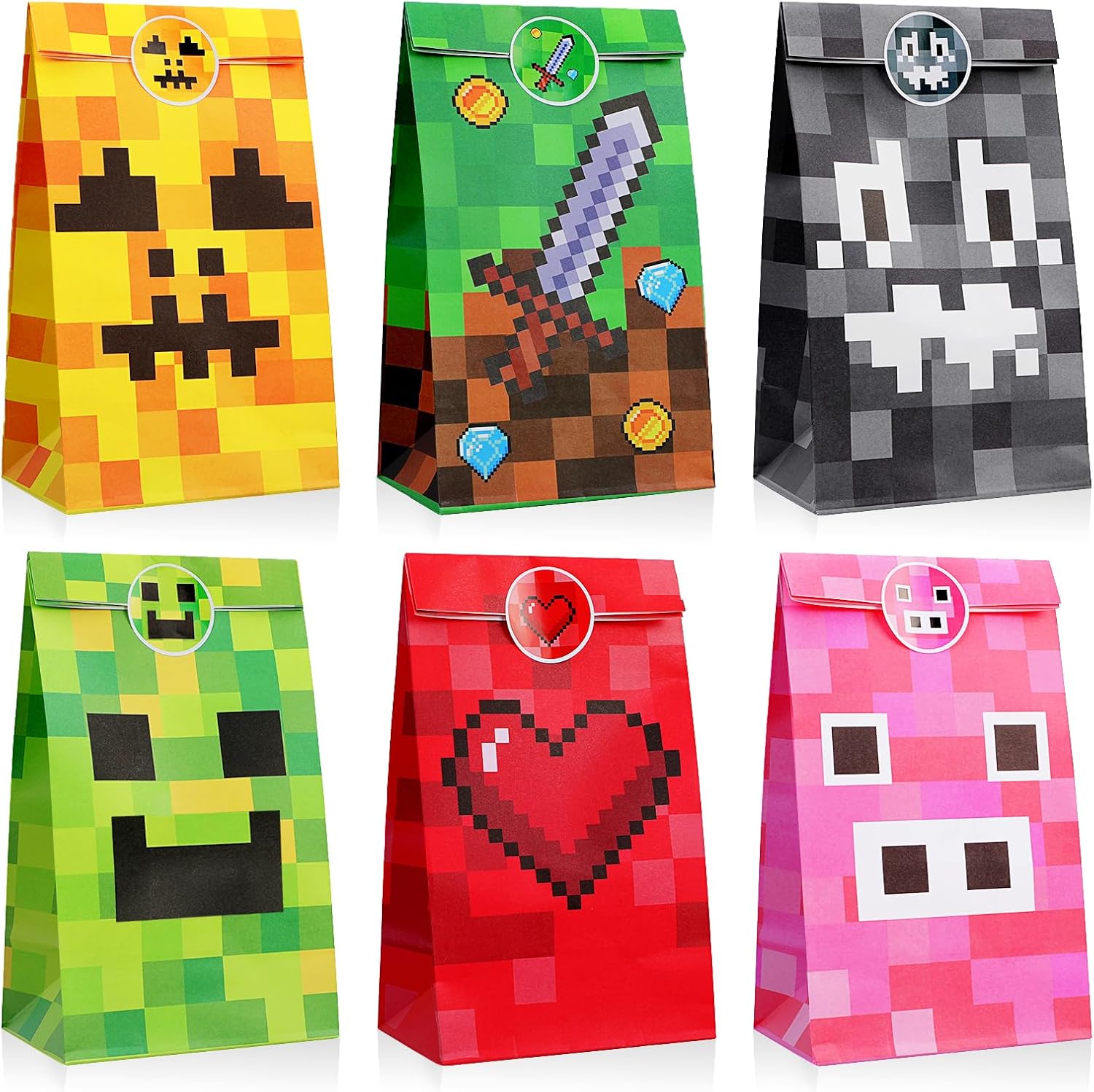 PHOGARY 24 Pcs Miner Theme Party Treat Bags, Kraft Paper Goodie Bags for Boys/Girls Birthday, Candy Bags With Stickers, Game Party Supplies, 8.7 x 4.6 x 3.1 Inches