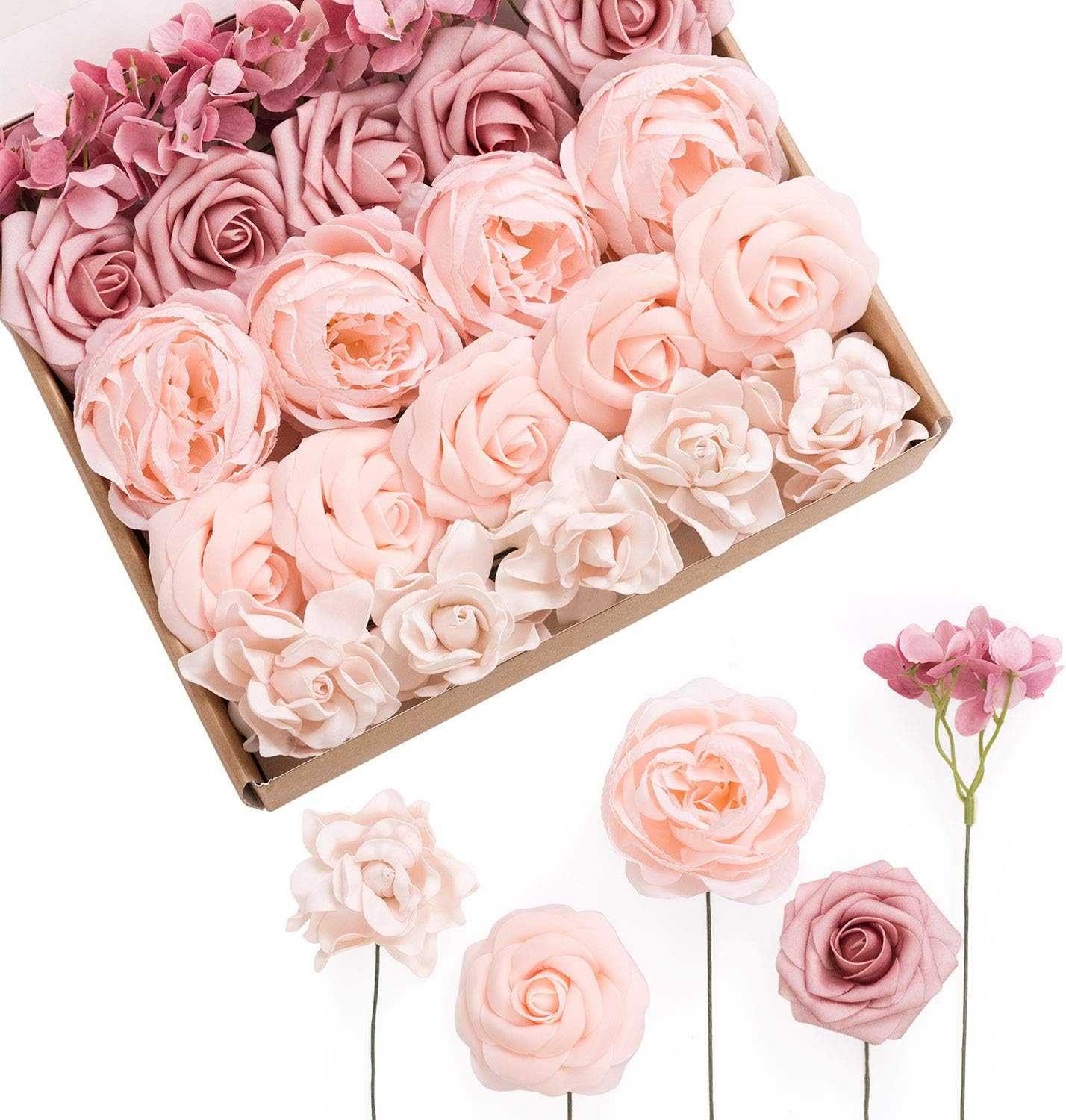 Ling's Moment Artificial Flowers Fake Silk Hydrangea Foam Roses Faux Gardenia Combo for DIY Wedding Bouquets Centerpieces Arrangements Bridal Shower Party Home Decorations, Pink & Blush, 24pcs