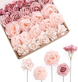 Ling's Moment Artificial Flowers Fake Silk Hydrangea Foam Roses Faux Gardenia Combo for DIY Wedding Bouquets Centerpieces Arrangements Bridal Shower Party Home Decorations, Pink & Blush, 24pcs