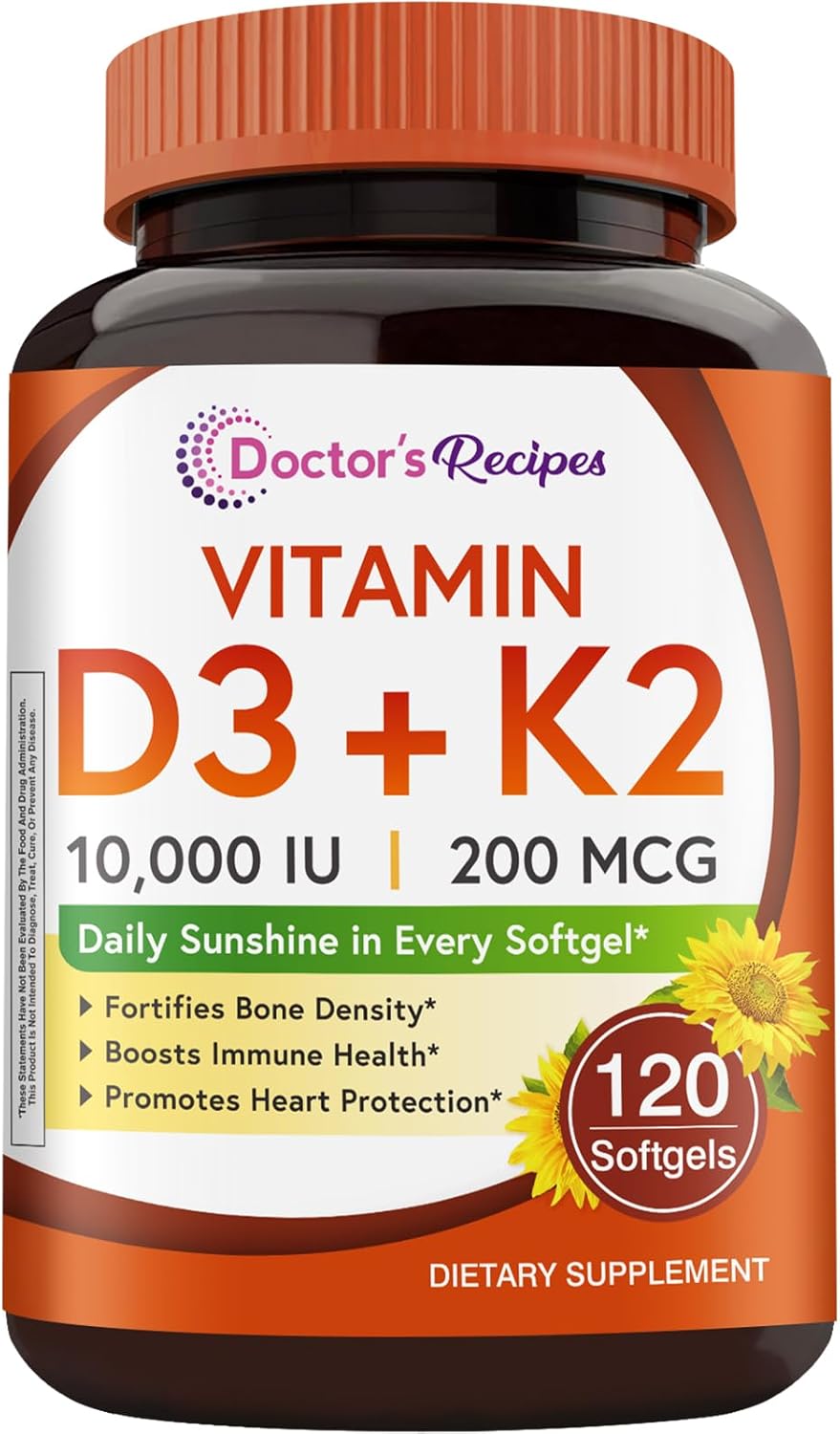Doctor's Recipes Vitamin D3 K2, 10,000 IU, 200 mcg, MK-7, Strong Bone Density, Teeth, Immune, Heart Support, Energy, Calcium Absorption, No Soy & Gluten, Non-GMO, 120 Softgels