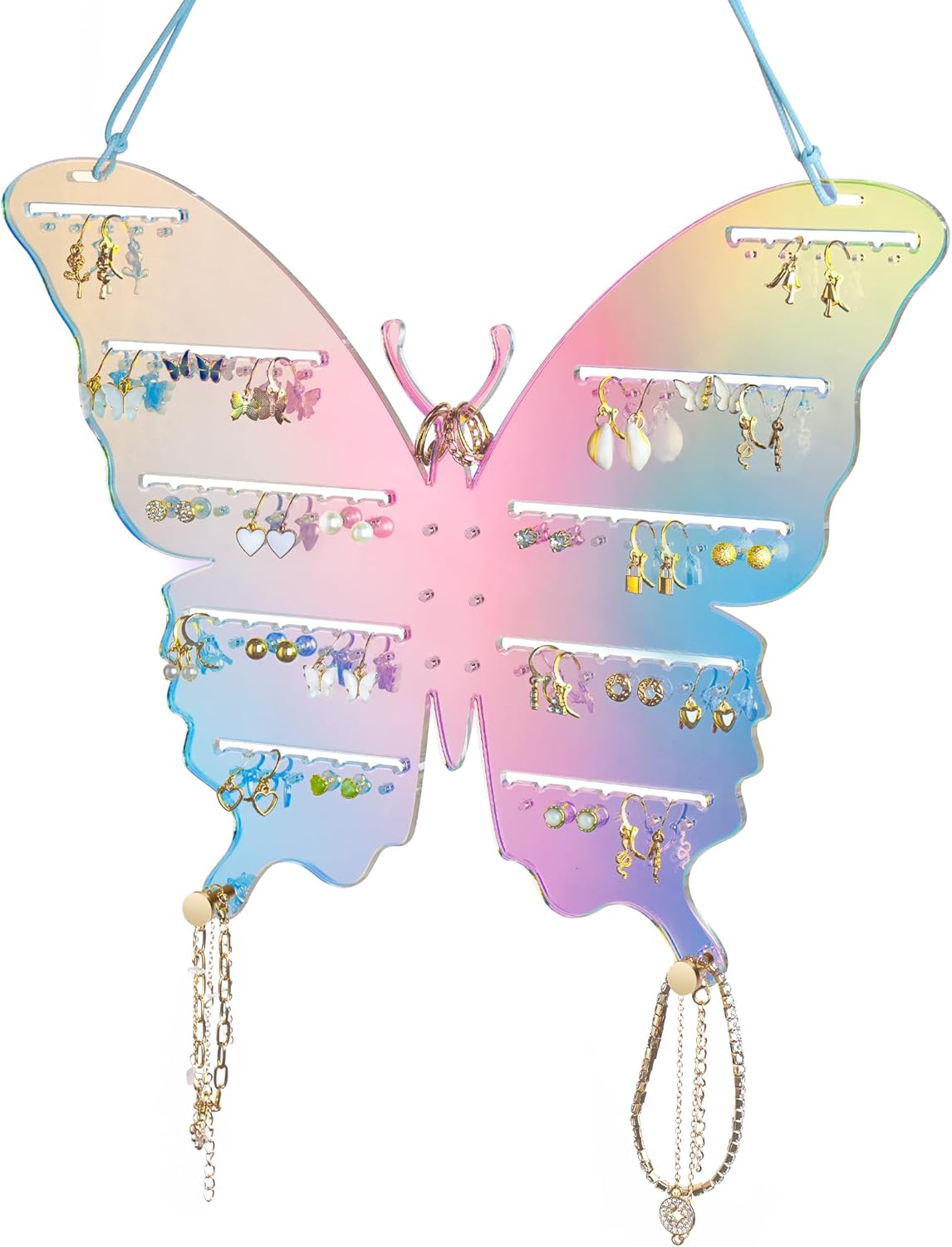 NiHome Iridescent Acrylic Butterfly Wall Mount Jewelry Organizer Rack, Rainbow Earring and Necklace Holder for Girls, Home and Store Use, Easy No-Tool Installation & Elegant Design for Jewelry Display