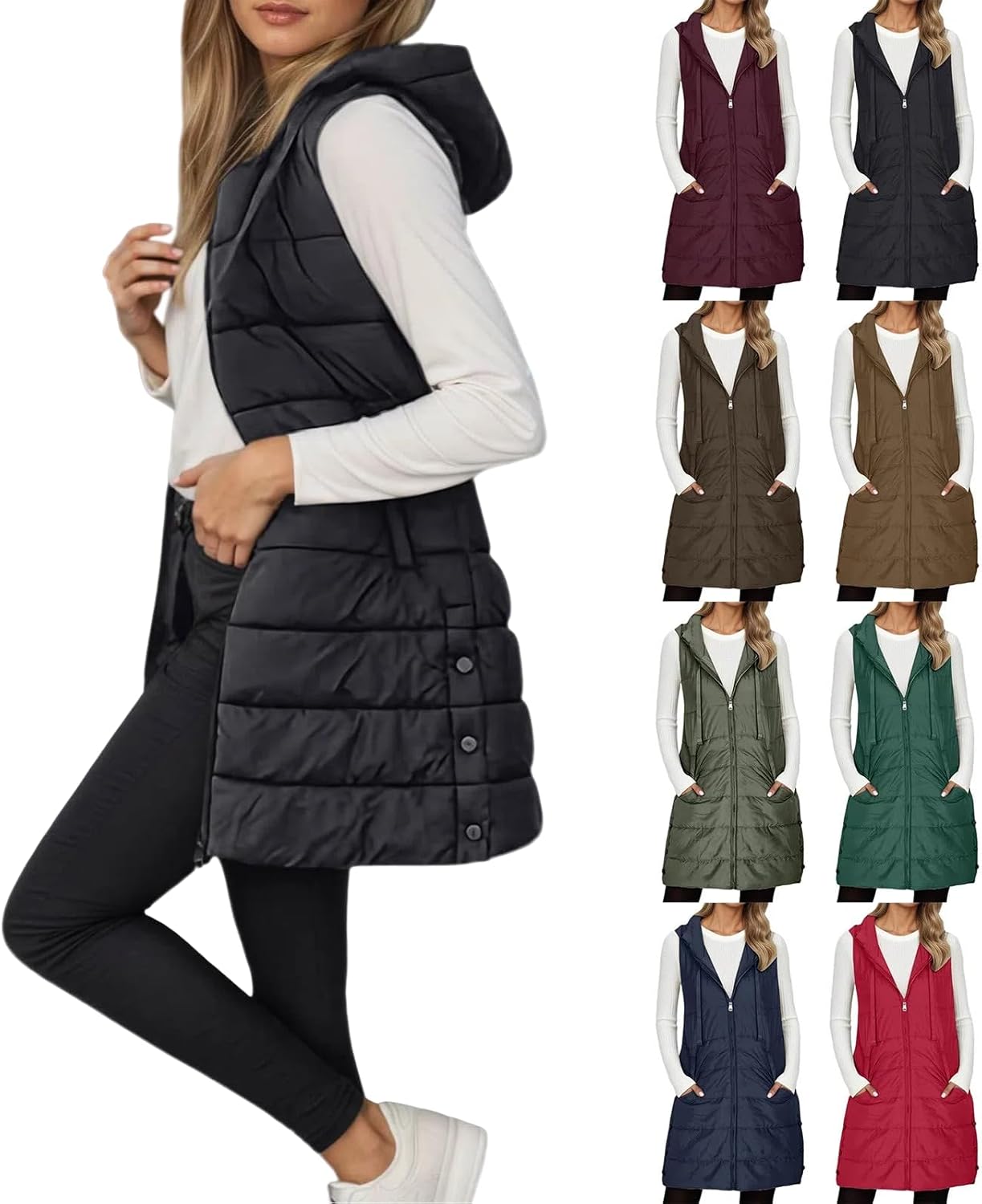 Long Puffer Vest Women Sleeveless Quilted Hooded Fall Winter Button Down Zip Up Puffer Vests Jacket Outwear