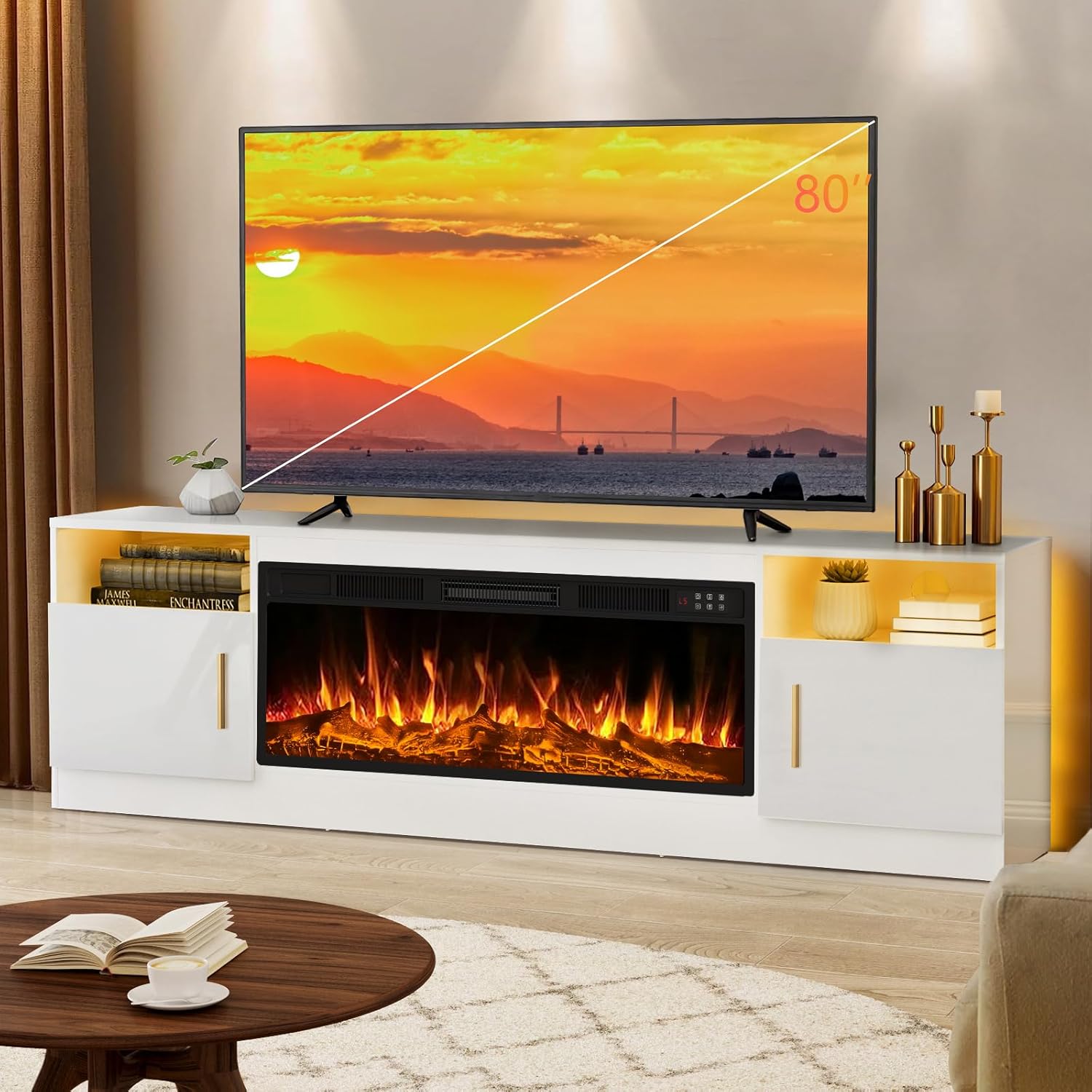 Lemberi Fireplace tv Stand with 36 inch Fireplace Up to 80" TVs,LED Light Entertainment Center and Storage, 70" Modern Wood Media TV Console with Highlight Cabinet for Living Room (White)