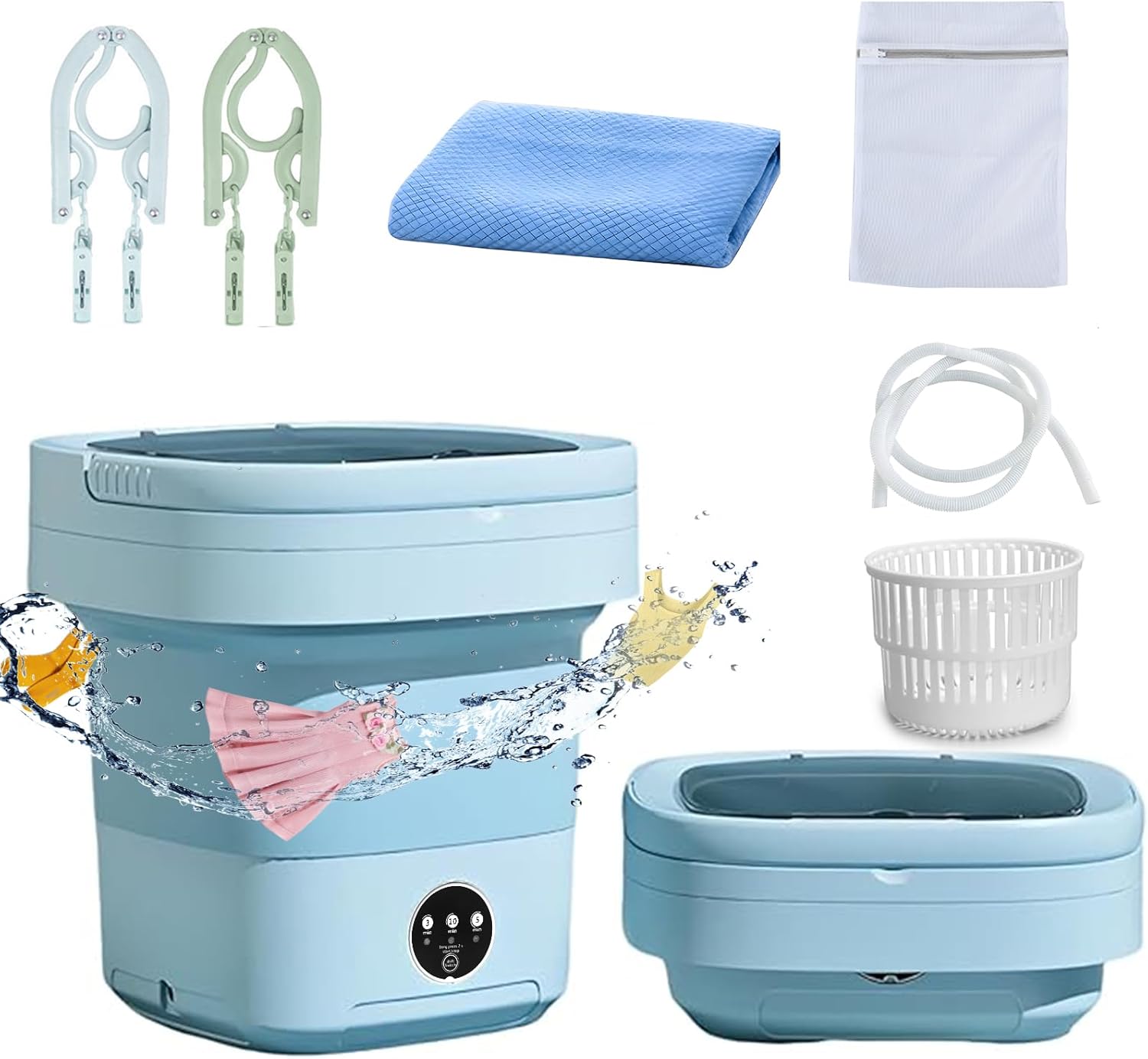 Small Portable Travel Washing Machine, 11L Mini Folding Washing Machines with Spin Dryer for Camping, Clothes Wash Suitable for Underwear, Baby Clothes, and Small Item with Laundry Bag, Hanger