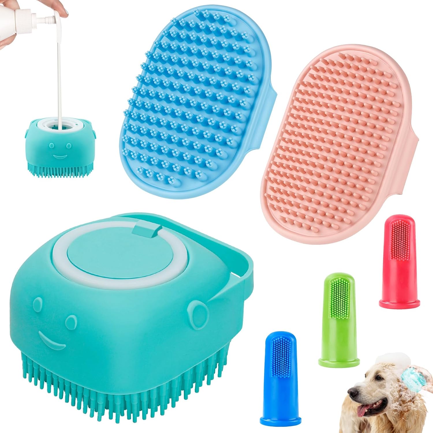 Comotech 6PCS Dog Bath Brush & Dog Toothbrush | Adjustable Handle Shampoo Brush & Scrubber for Short & Long Haired Dogs & Cats | Effectively Solve Odor & Stain Removal Problems (Blue Red Blue)