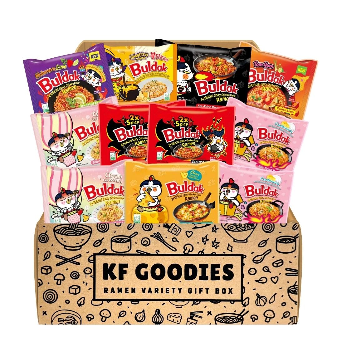 KF GOODIES Korean Ramen Variety Pack Gift Box (11 Count) – Spicy Buldak Noodle Assortment for Birthdays, College Care Packages, Office Snacks, and Gift Baskets
