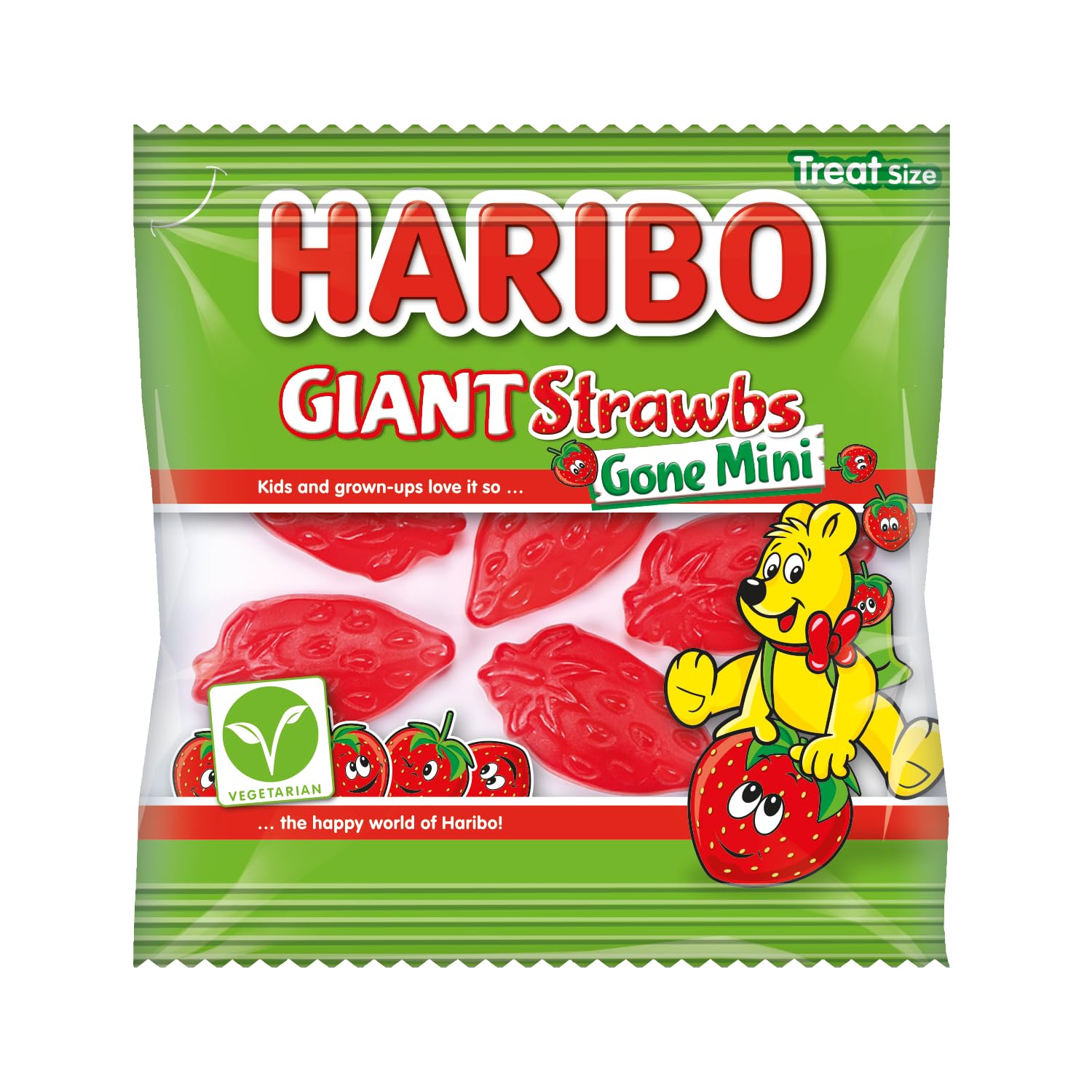Haribo Giant Strawbs Gone Mini x 100 Mini Bags Vegetarian Strawberry Sweets, (1.6 kg)