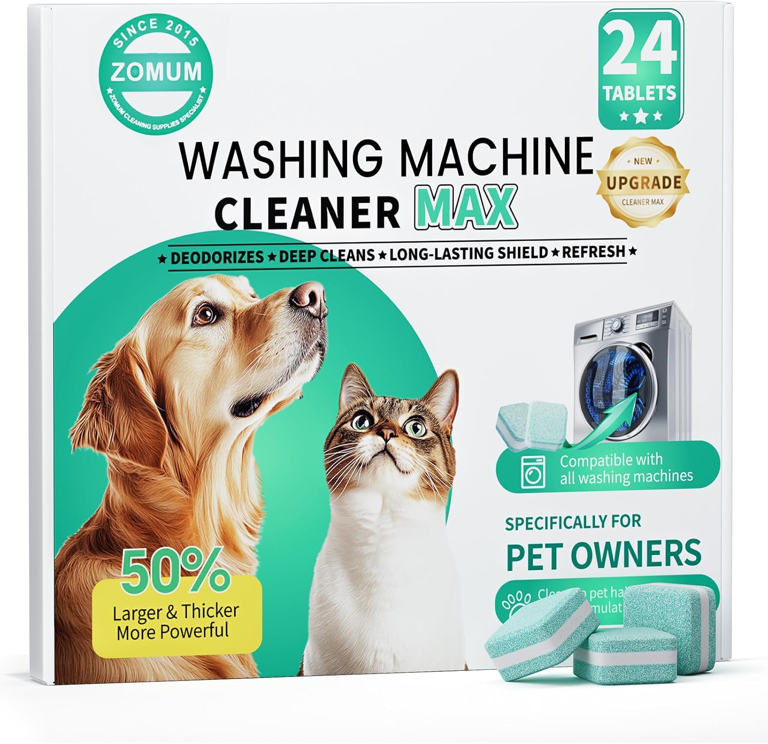 Upgrade Washing Machine Cleaner Tablets - 50% Stronger Formula: 24 Pack - 12 Month Supply, Specially for Pet Owners to Easy Pet Hair Remover for Laundry, Compatible with HE, Top & Front Load