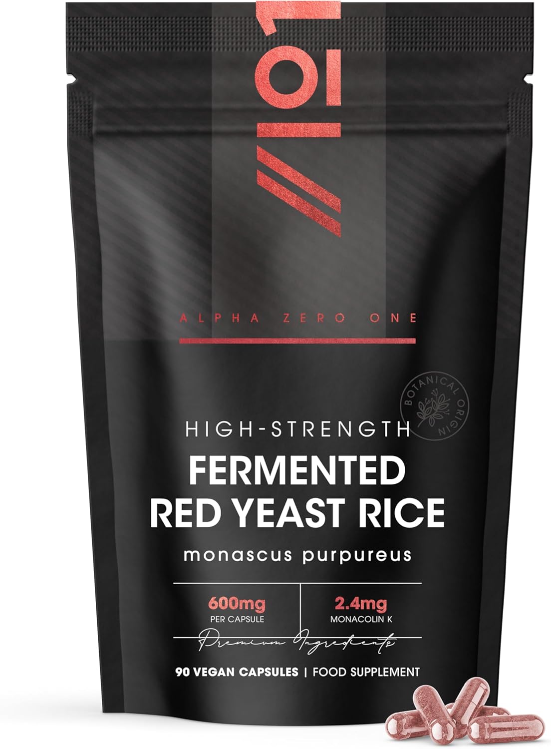 Red Yeast Rice 600mg - 2.4mg Monacolin K - 90 Vegan Capsules - High Strength Monascus Purpureus Supplement - 3 Months Supply - Resealable and Recyclable Pouch by Alpha01