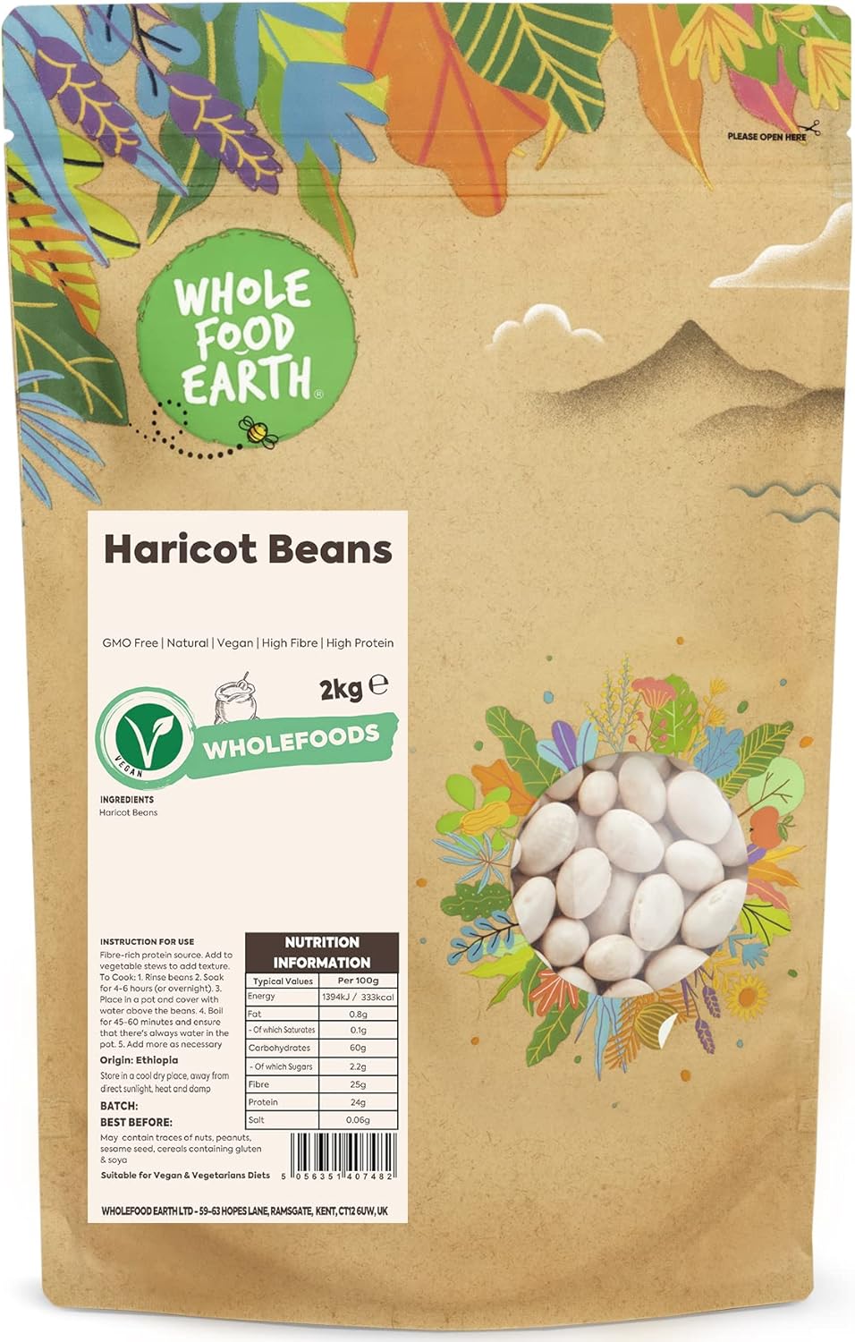Wholefood Earth Haricot Beans 2 kg | GMO Free | Natural | High Fibre | High Protein