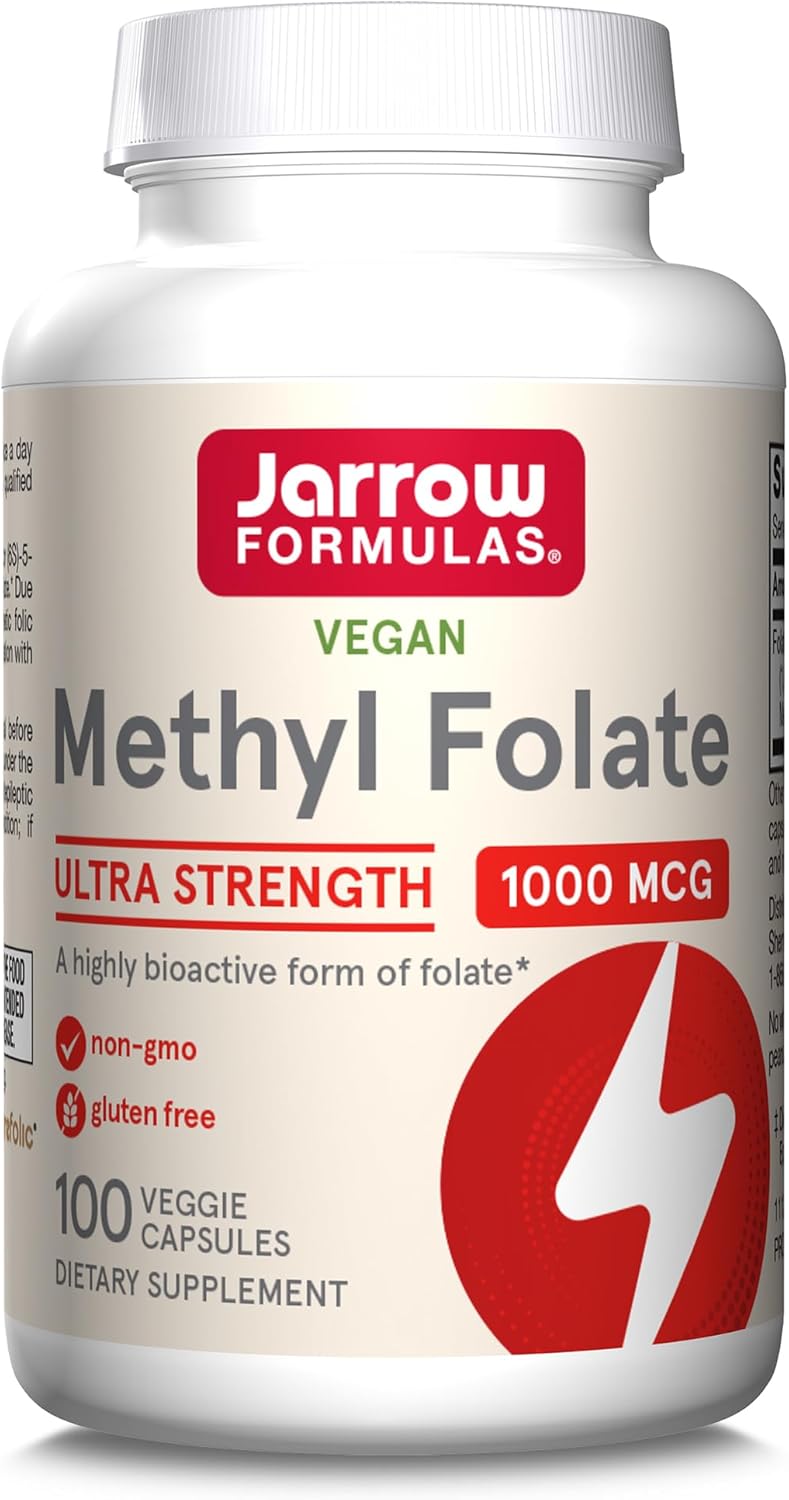 Jarrow Formulas Methyl Folate (5-MTHF), 1000mcg, Folic Acid, 100 Vegan Capsules, Gluten Free, Vegetarian, Soy Free, Non-GMO, Vitamin B9, folate Supplement