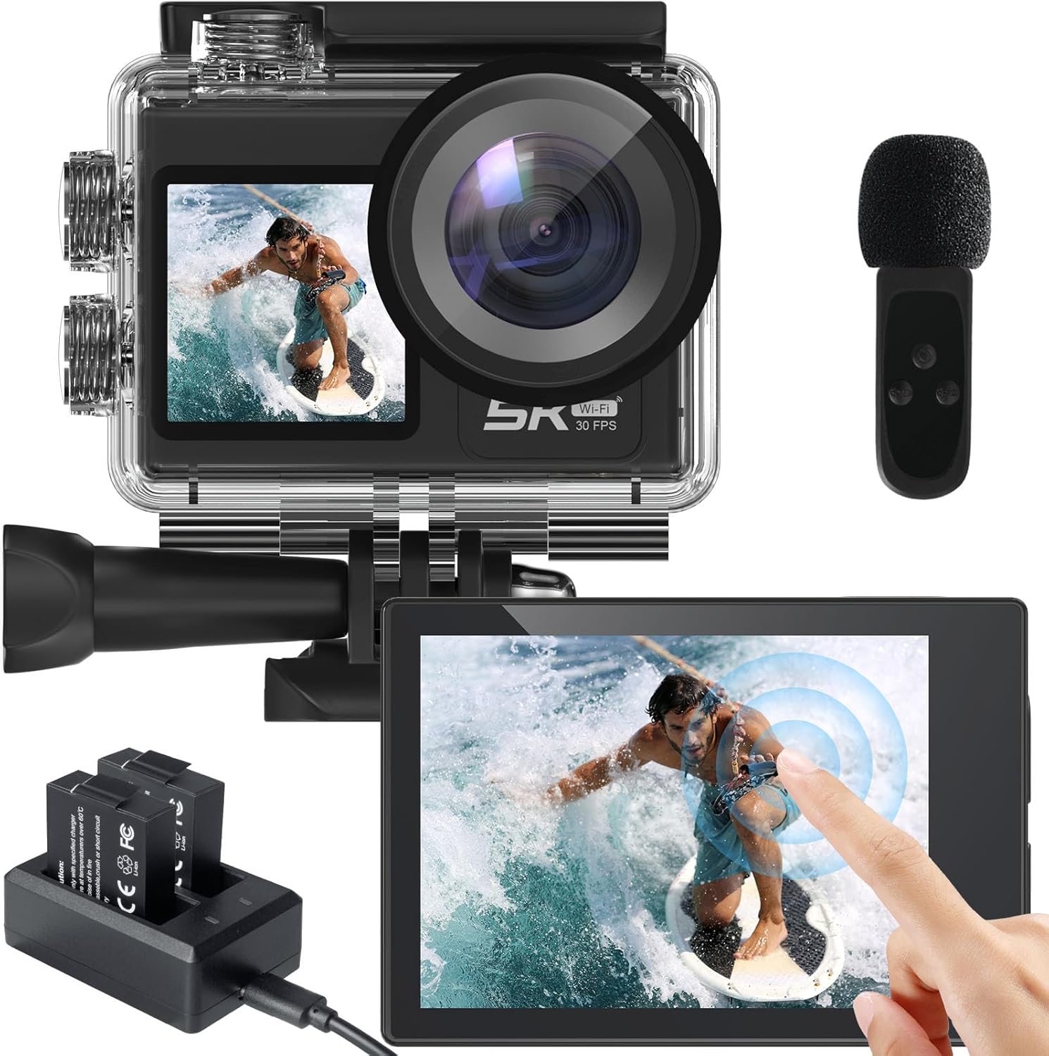 Action Camera 5K 30FPS Underwater Camera Snorkeling 131FT, Waterproof Camera with EIS Stabilization, 2-in-1 Wireless Mic and Remote, 5X Zoom, 170° Wide Angle