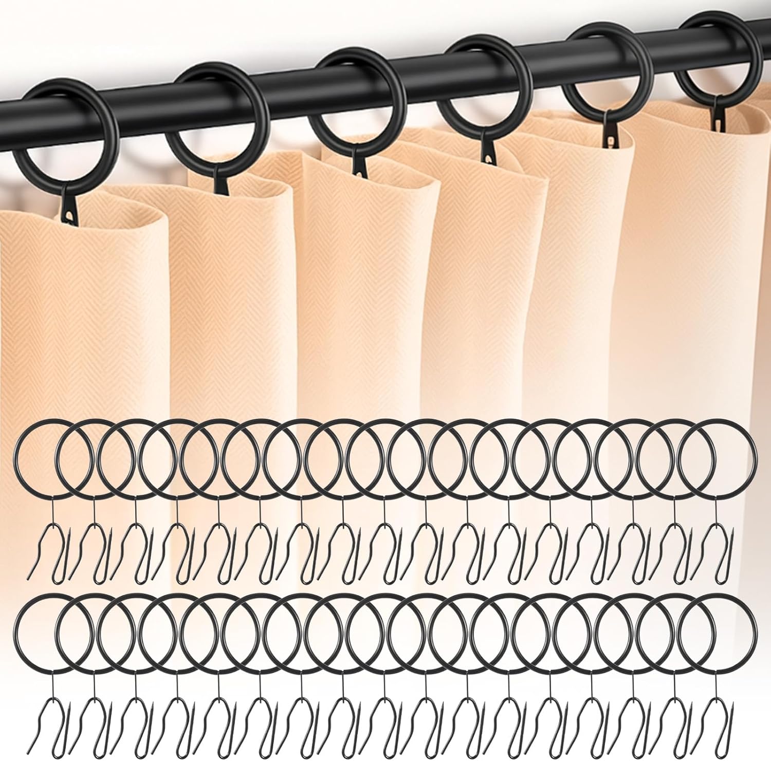 100 Pcs 1.26 Inch Metal Drapery Curtain Rings with Eyelets and 100 Pcs Pin Hooks Black Curtain Rings with Hooks for Shower, Window, Door Drapes Curtains
