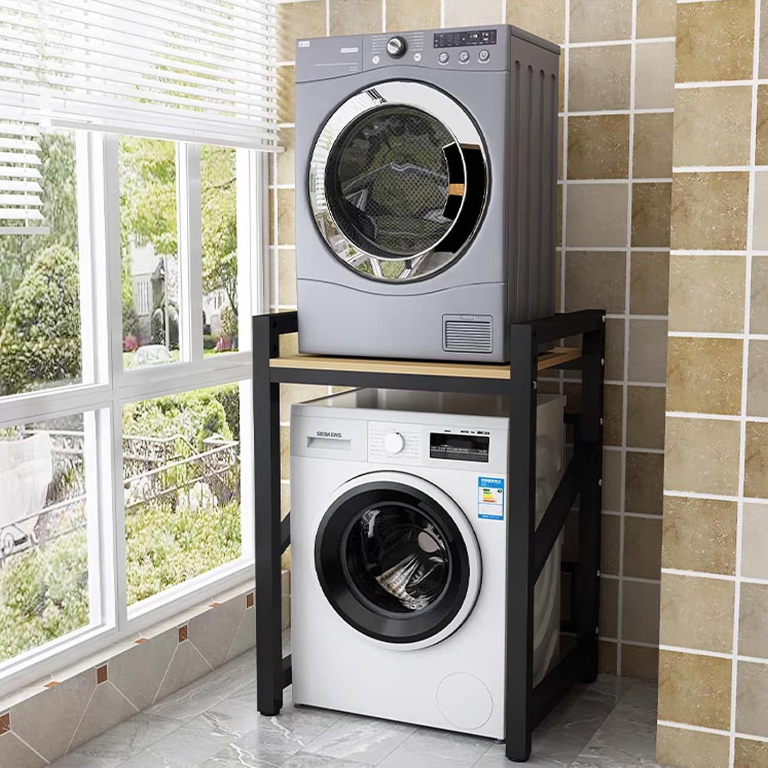 CUSROS Washer Dryer Stand Stacking Kit with Shelf, Over Washer and Dryer Shelf, Over the Washer Storage Rack with Countertop for Washing Machine, Tumble Dryer, Dishwasher 1