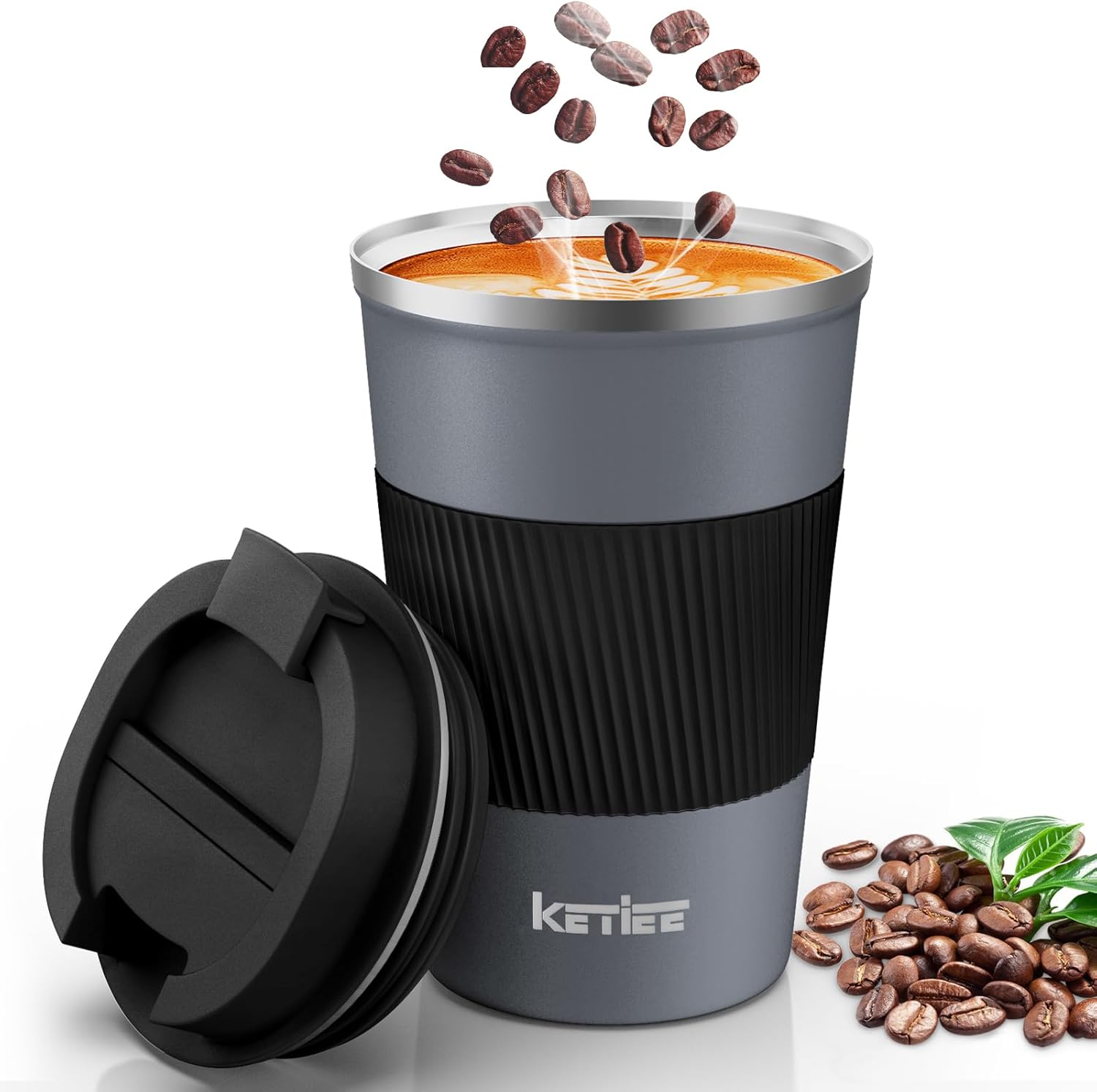 KETIEE Travel Coffee Mug Spill Proof 12oz, Insulated Reusable Coffee Cups with Seal Lid, Vacuum Stainless Steel Travel Mug to Go Car Tumbler for Hot/Ice Drinks (Grey)