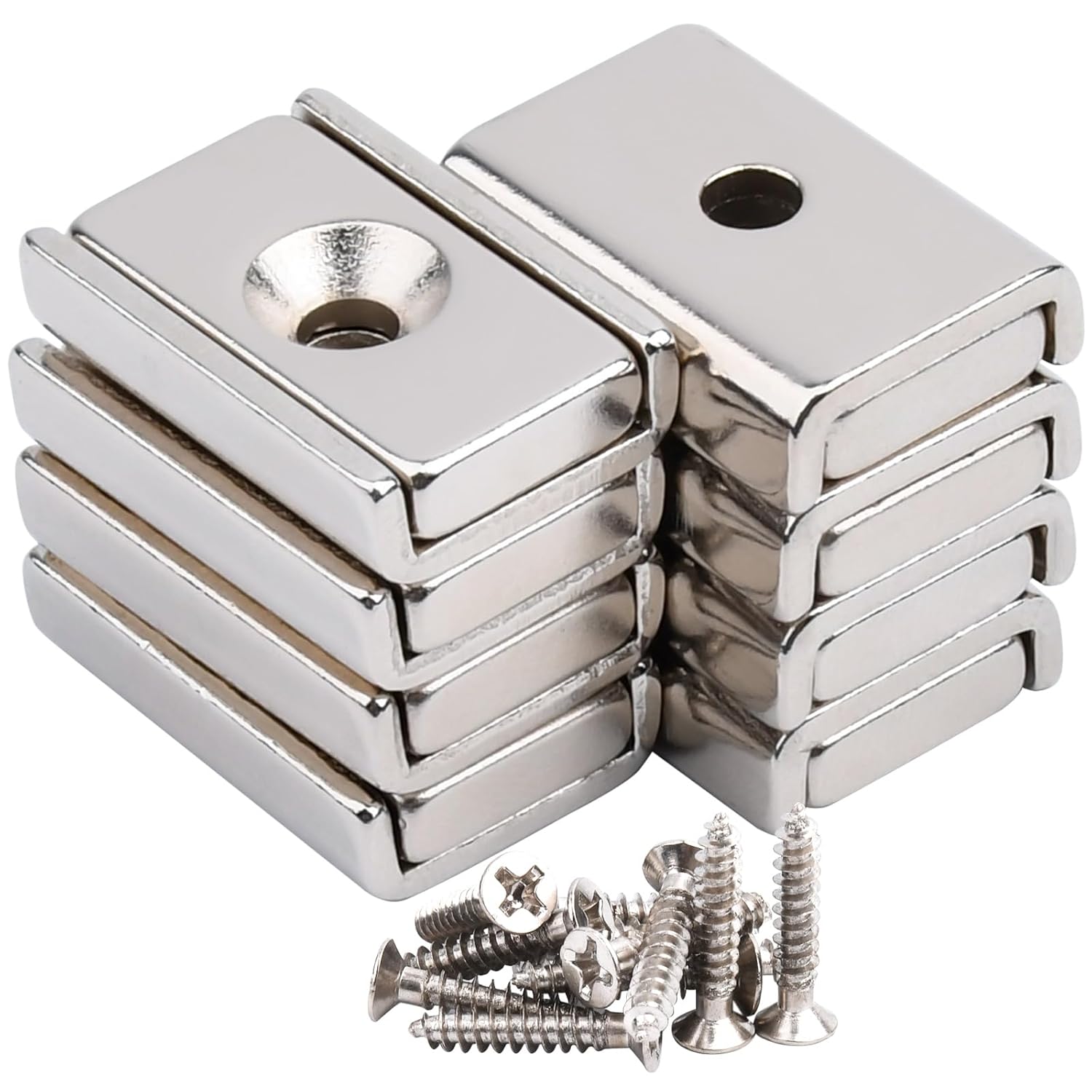 MIN CI 8 Pack Strong Flat Magnets 20lbs Force Rare Earth Neodymium, 20x13.5x5mm Square With Screw Holes M3.5 Pot Cabinet Countersunk Industrial Strips