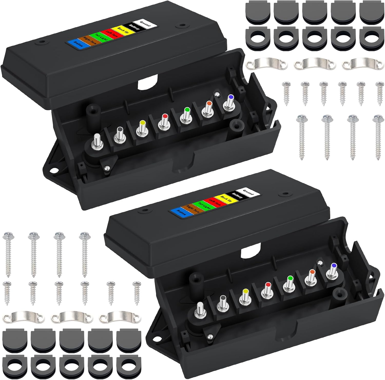 CheeMuii 2 Pcs 7 Way Trailer Junction Box Weatherproof 7 Pin Trailer Wiring Box 7 Color-Coded Electric Wires Connection Box for RV Camper Trailer Light Rewiring