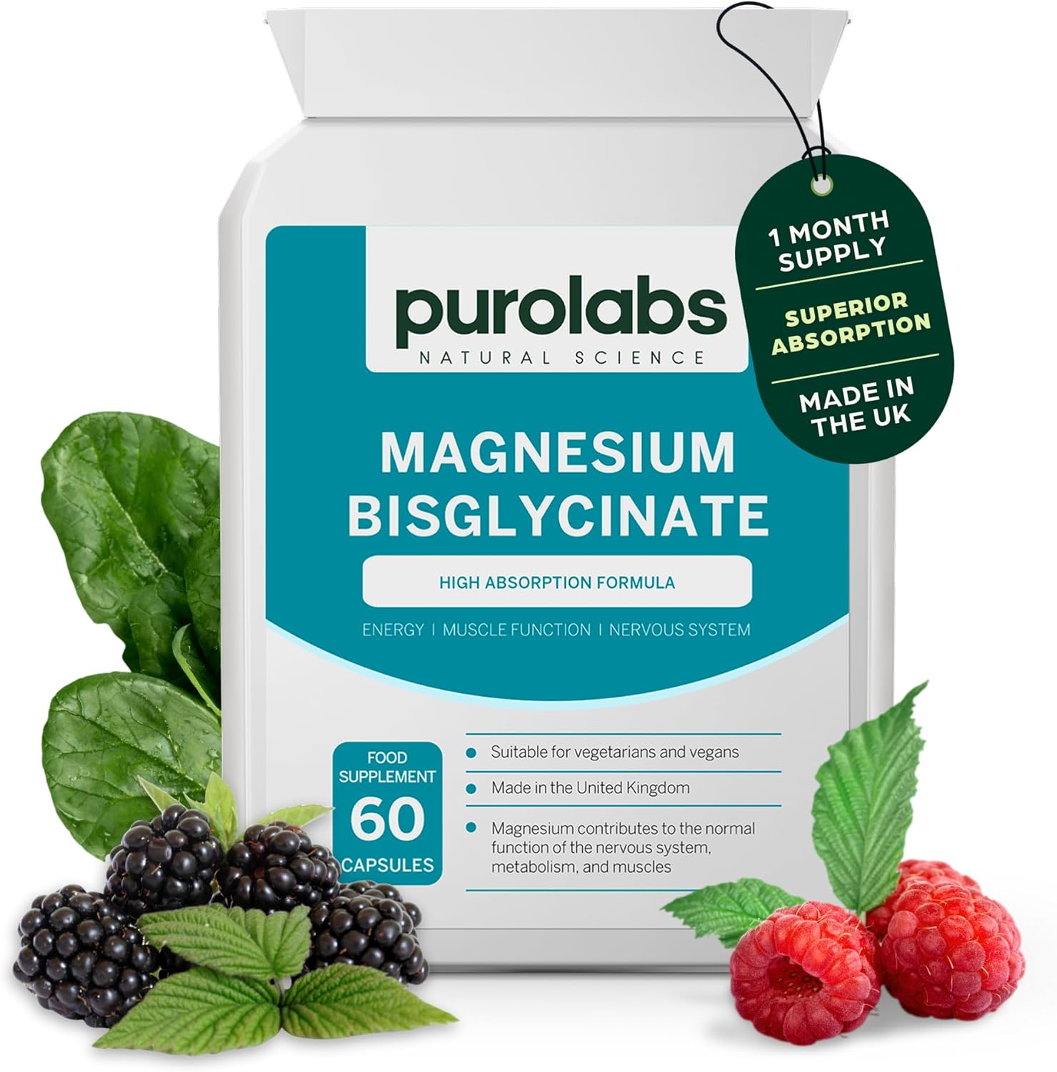 Purolabs Magnesium Bisglycinate 250mg | High Absorption | Energy, Sleep & Muscle Support | Gentle on Stomach | Vegan, Non-GMO, Allergen-Free | 60 Capsules | Made in UK