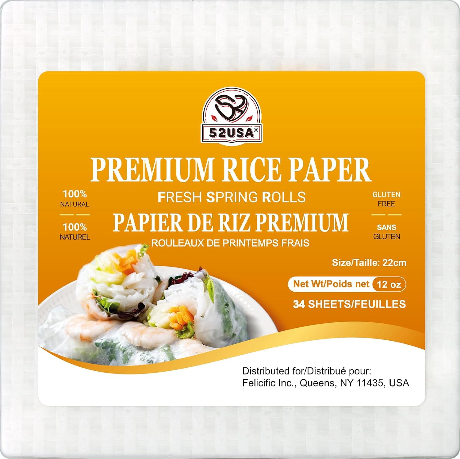 52USA Square Rice Paper, 1 Pack, White Rice Paper Wrappers, Fresh Spring Roll Wrappers & Dumplings-34 Sheets, Gluten-Free Wonton Wrappers, Vegan, Low Carb, Vietnamese Rice Wraps (22cm, 12 oz)