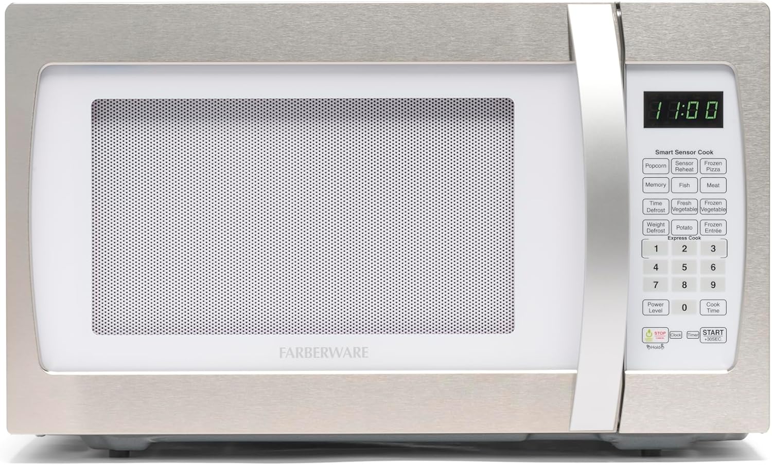Farberware Professional FMO13AHTPLE 1.3 Cubic Foot 1100-Watt Microwave Oven with Sensor Cooking, White/Platinum, Stainless Steel
