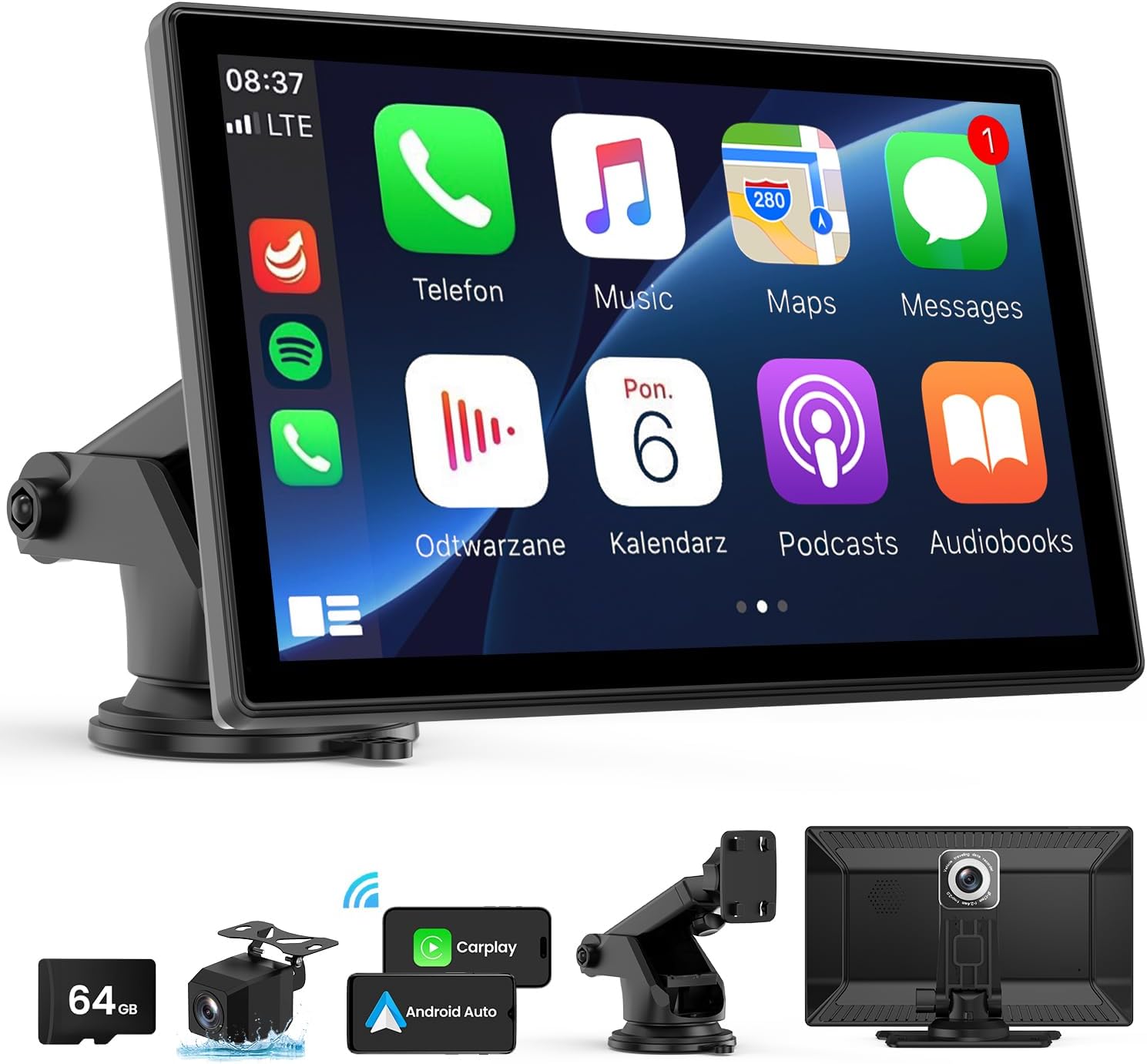 Wireless CarPlay Screen - 9'' Portable Car Stereo with 4K Dash Cam, 1080P Backup Camera, Satellite Radio, Apple CarPlay & Android Auto, GPS Navigation/AirPlay/Voice Control