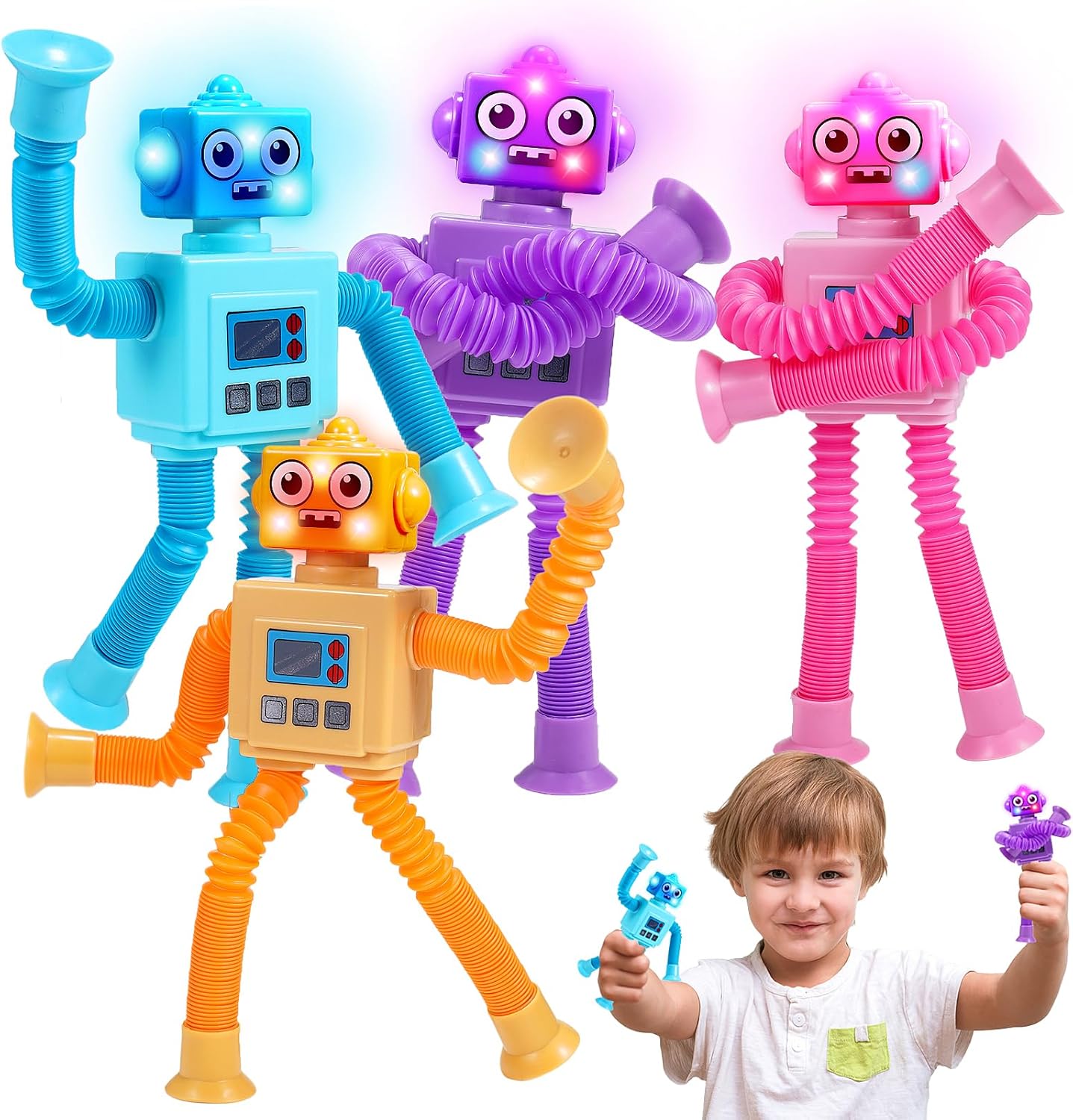 Robot Fidget Toys for Kids : 4 Pack LED Robotic Pop Tubes Telescopic Suction Cup Sensory Toy for 2 3 4 5 6 7 8 Year Old Boys Girls Birthday Gifts for Kid Ages 2-4 Toddler Travel Toy