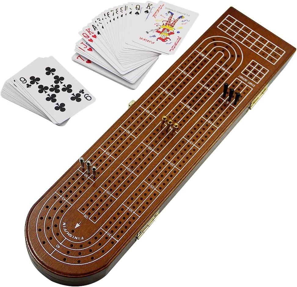 Juegoal Wood Cribbage Board Game Set 3 Tracks with Metal Pegs, Cards, Storage Area