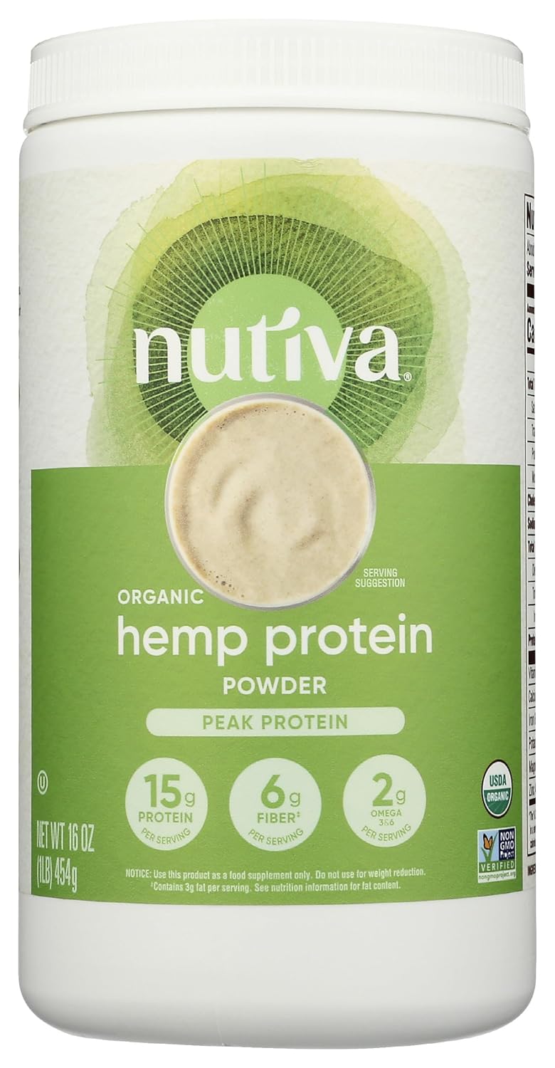 Nutiva Organic Cold-Pressed Raw Hemp Seed Protein Powder, Peak Protein, 16 Oz, USDA Organic, Non-GMO, Whole 30 Approved, Vegan, Gluten-Free & Keto, Plant Protein with Essential Amino Acids
