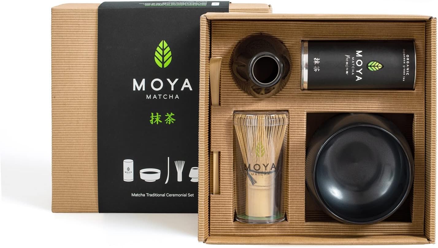 Organic Moya Matcha Green Tea Set | 30g Premium Grade (I) Pack + Bowl + Whisk + Holder + Spoon | Premium Matcha Tea Ceremonial Grade Gift Powder Complete Preparation Kit