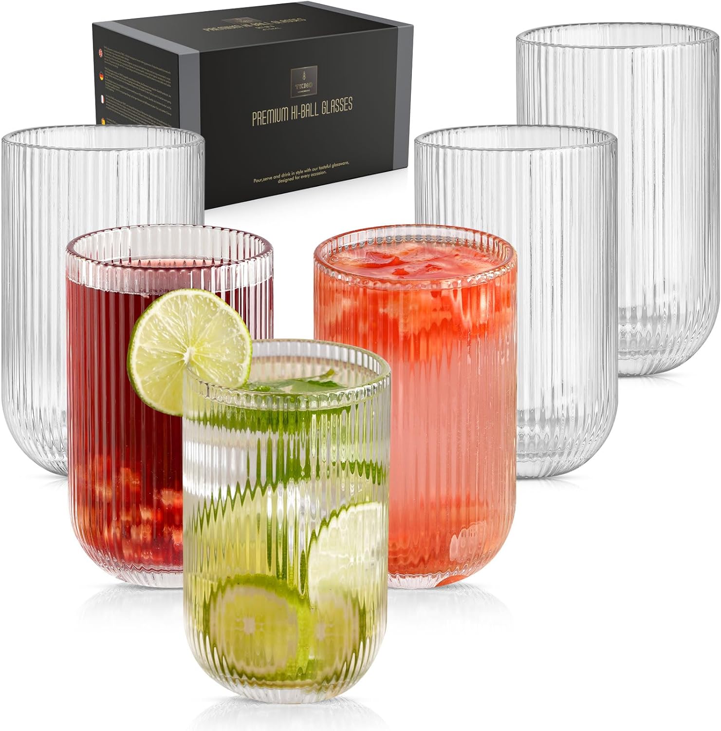 TKNO 6X 410ml Ribbed Highball Glasses Tall Hi Ball Glass Water Gin Juice Cocktail Drinking Glassware Origami Style Fluted Ripple Beverage Tumblers Set, Ideal for Home, Restaurant, Events & Parties