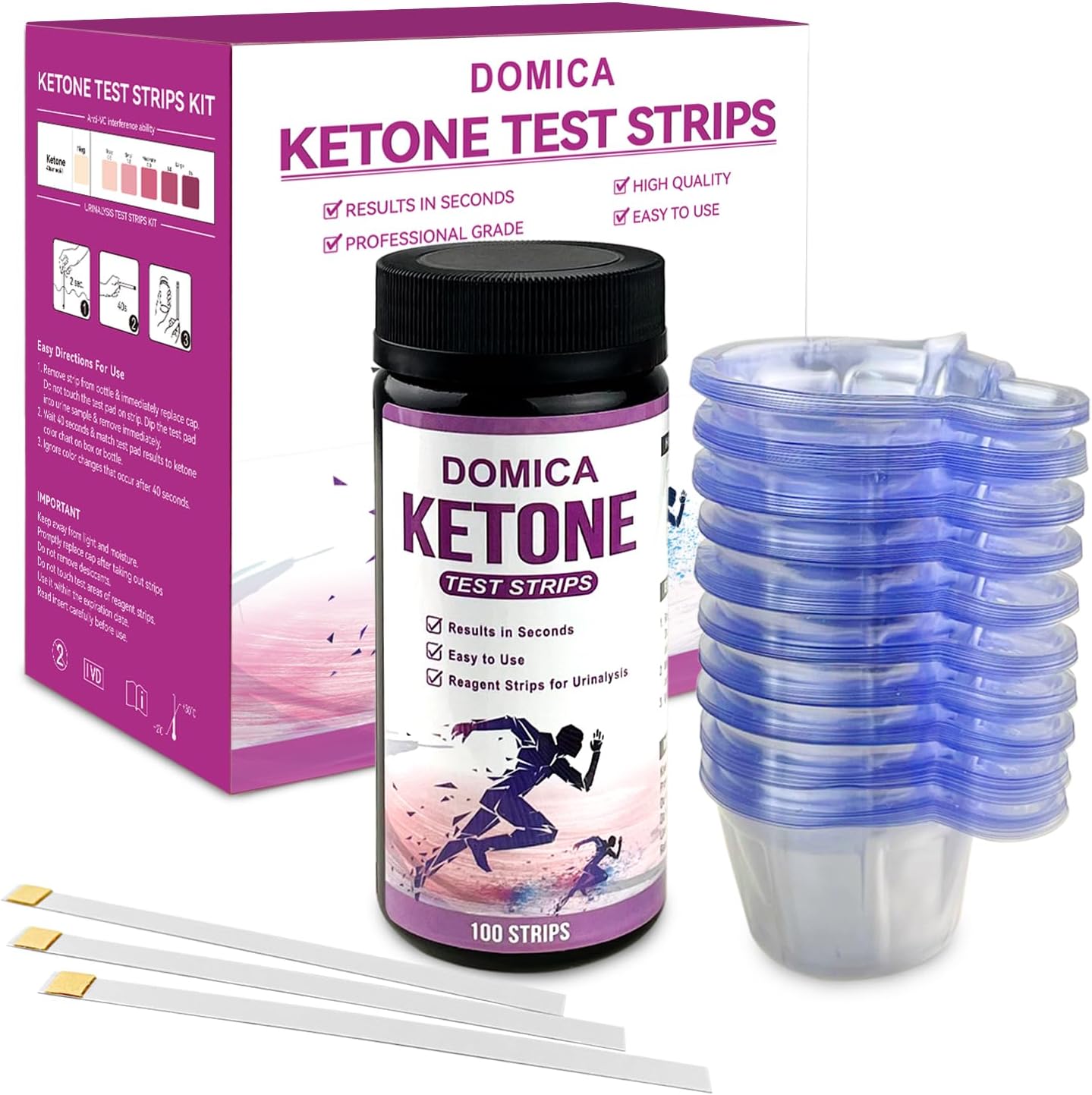 100 Urine Ketone Test Strips with 100 Urine Cups, Fast 40-Second Results, 3-Step Testing Keto Pee Sticks, Daily Ketone Checking Strips